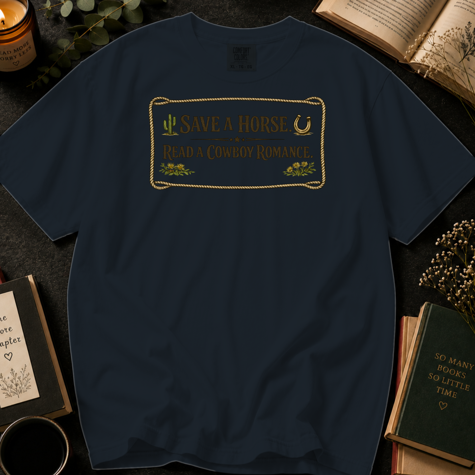 Save A Horse, Read A Cowboy Romance T-Shirt: Western Rope in Graphite - Comfort Colors® T-Shirt