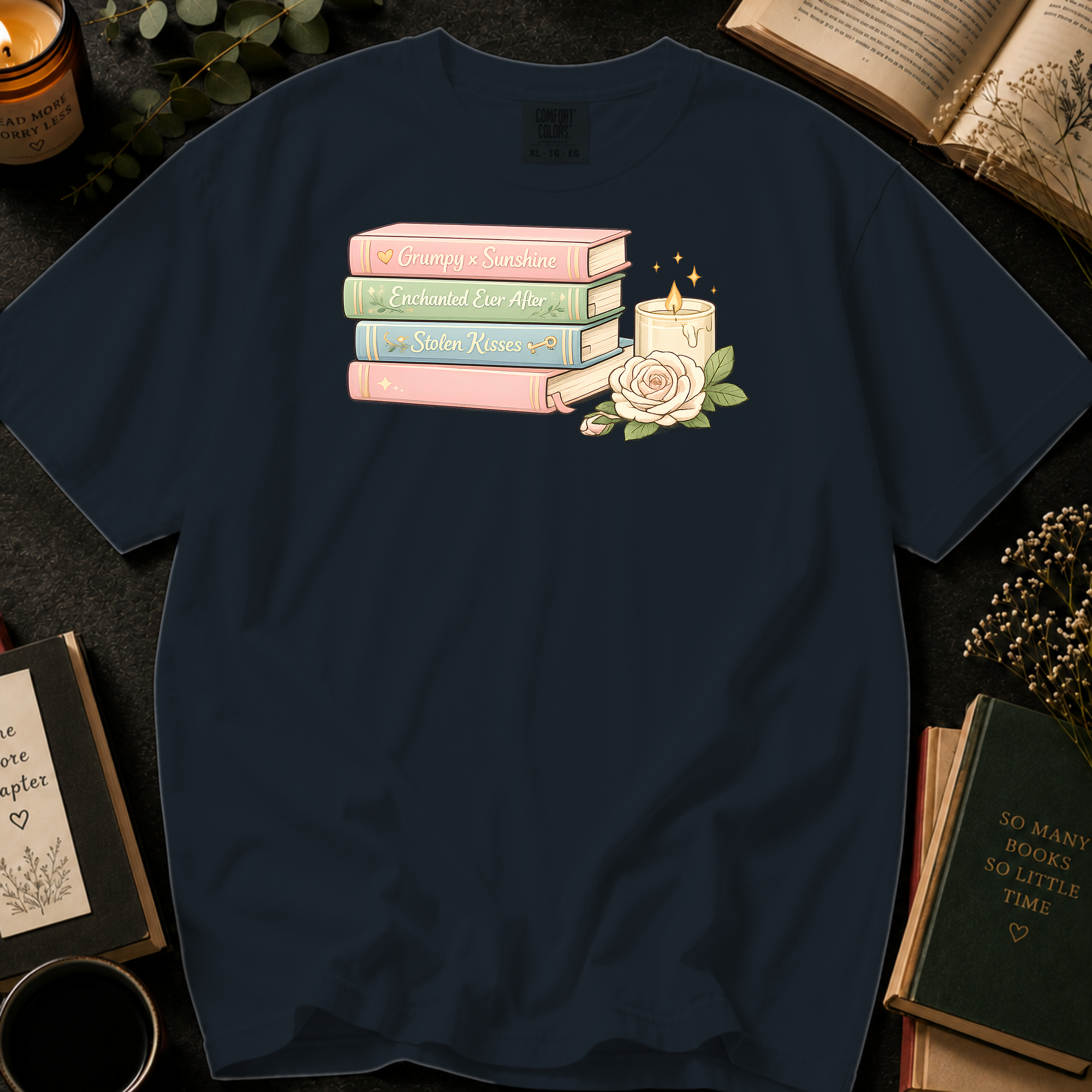 Grumpy x Sunshine T-Shirt: Pastel Romance Book Stack in Graphite - Comfort Colors® T-Shirt