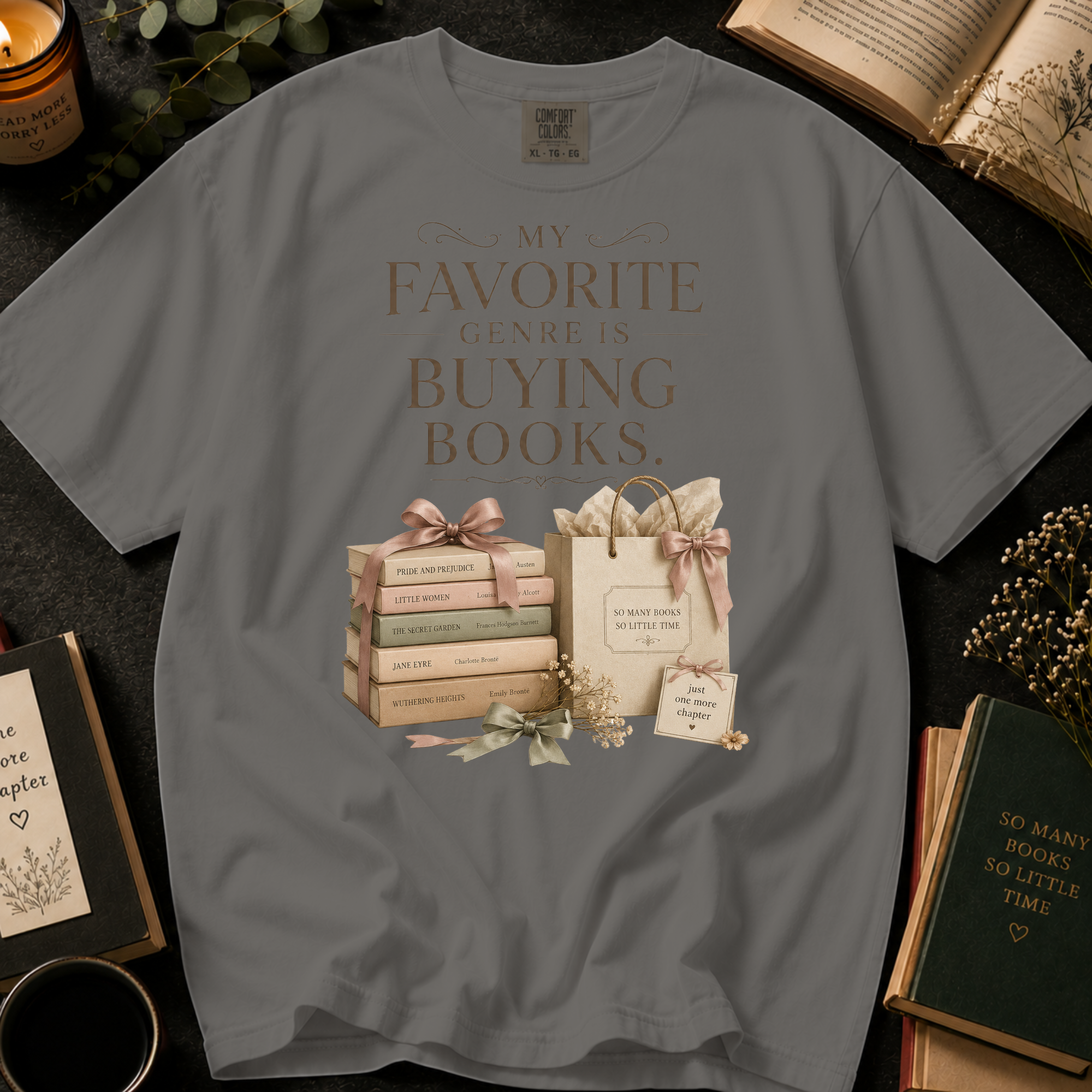 My Favorite Genre Is Buying Books T-Shirt: Classic Book Stack and Gift Bag in Grey - Comfort Colors® T-Shirt