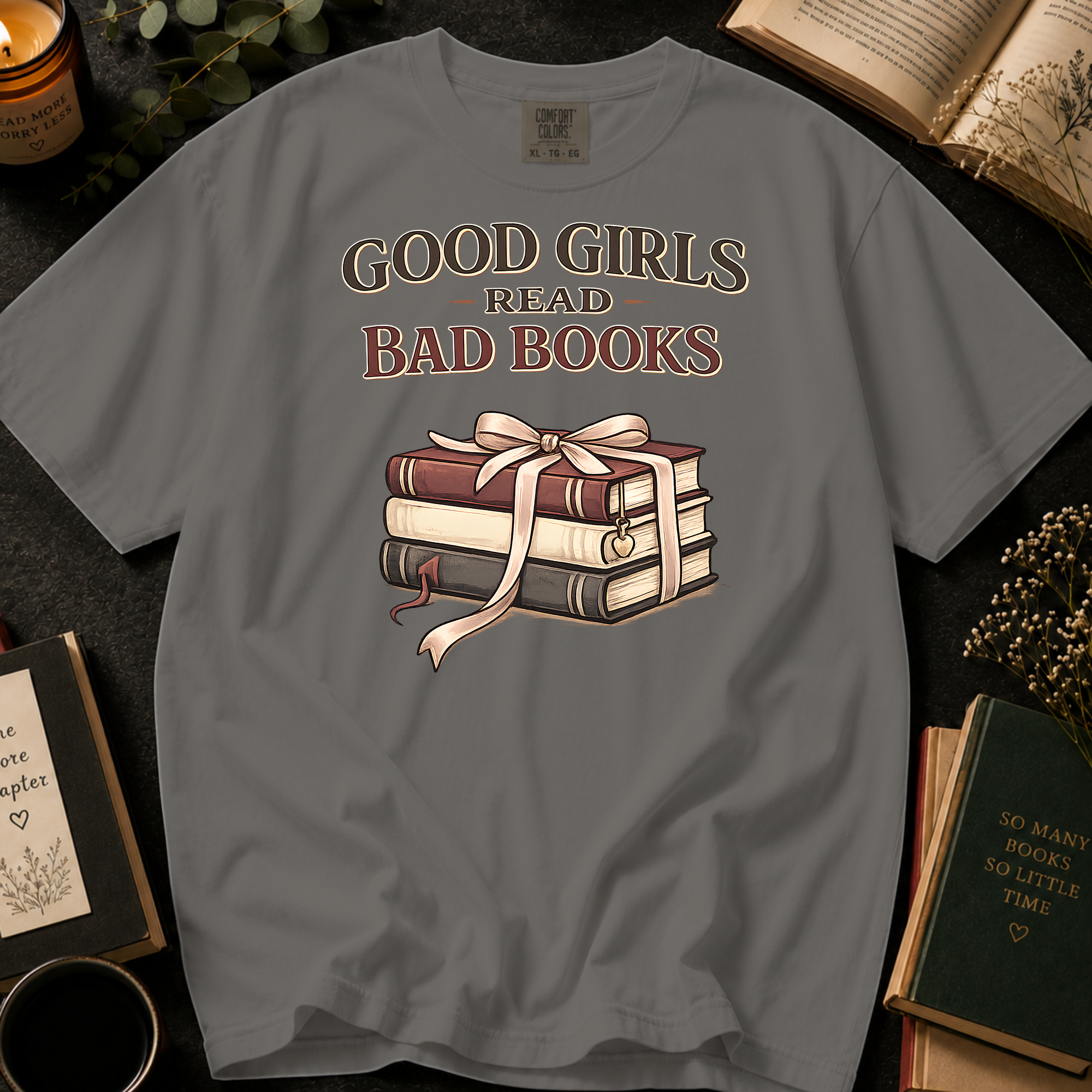 Good Girls Read Bad Books T-Shirt: Ribbon Tied Stack in Grey - Comfort Colors® T-Shirt