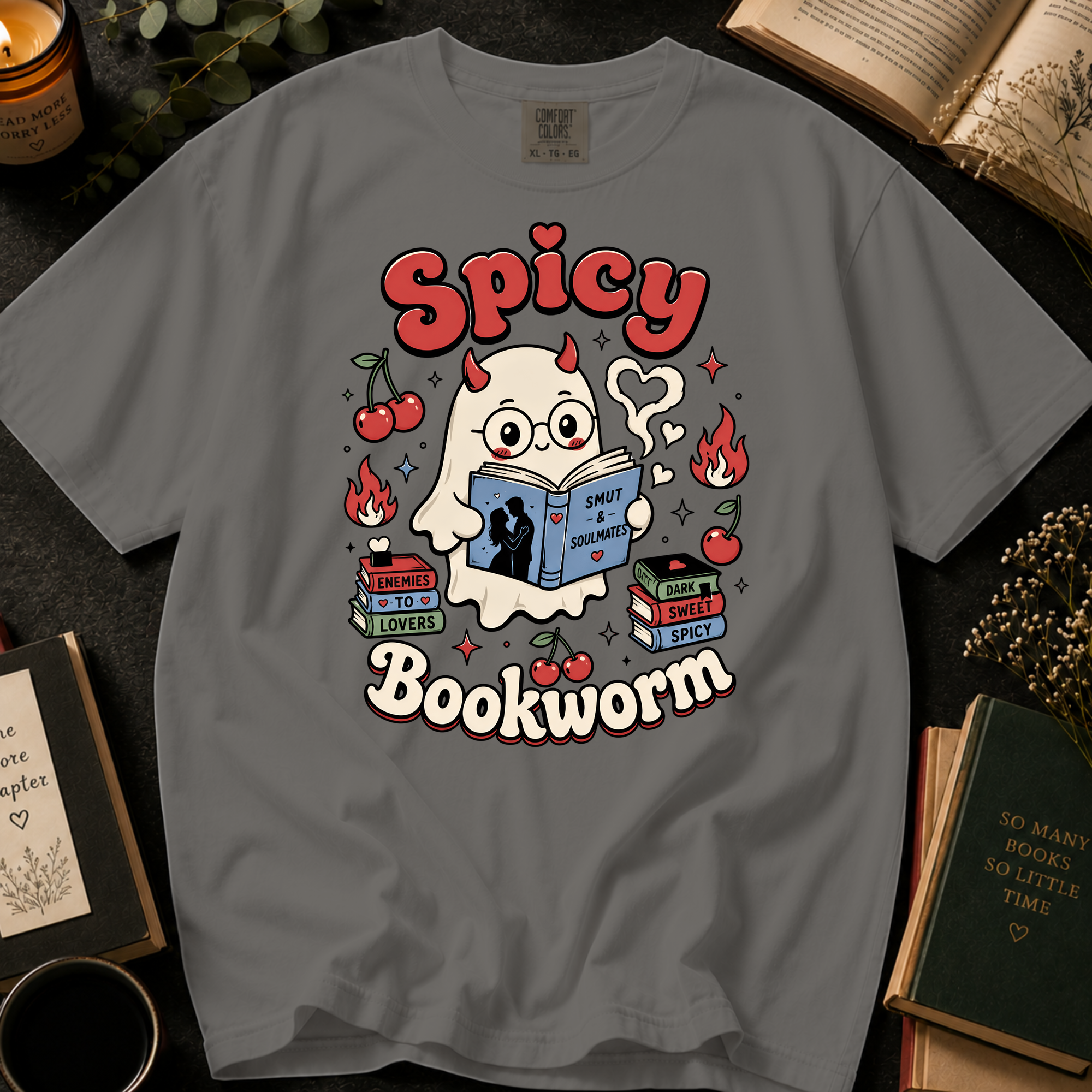 Spicy Bookworm T-Shirt: Cute Devil Ghost Reading in Grey - Comfort Colors® T-Shirt