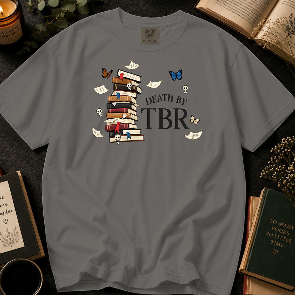 Death By TBR T-Shirt: Gothic Book Stack in Grey - Comfort Colors® T-Shirt
