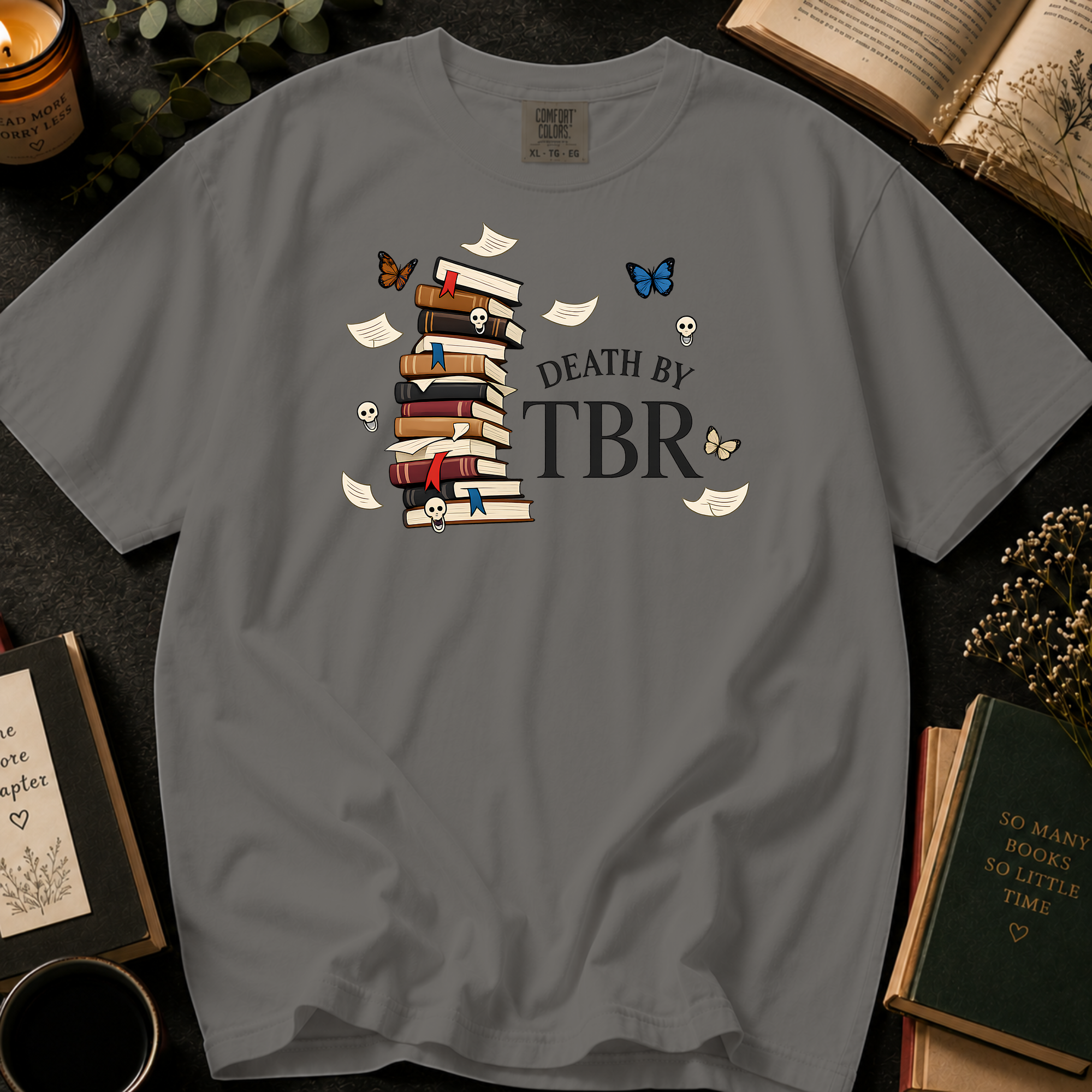 Death By TBR T-Shirt: Gothic Book Stack in Grey - Comfort Colors® T-Shirt