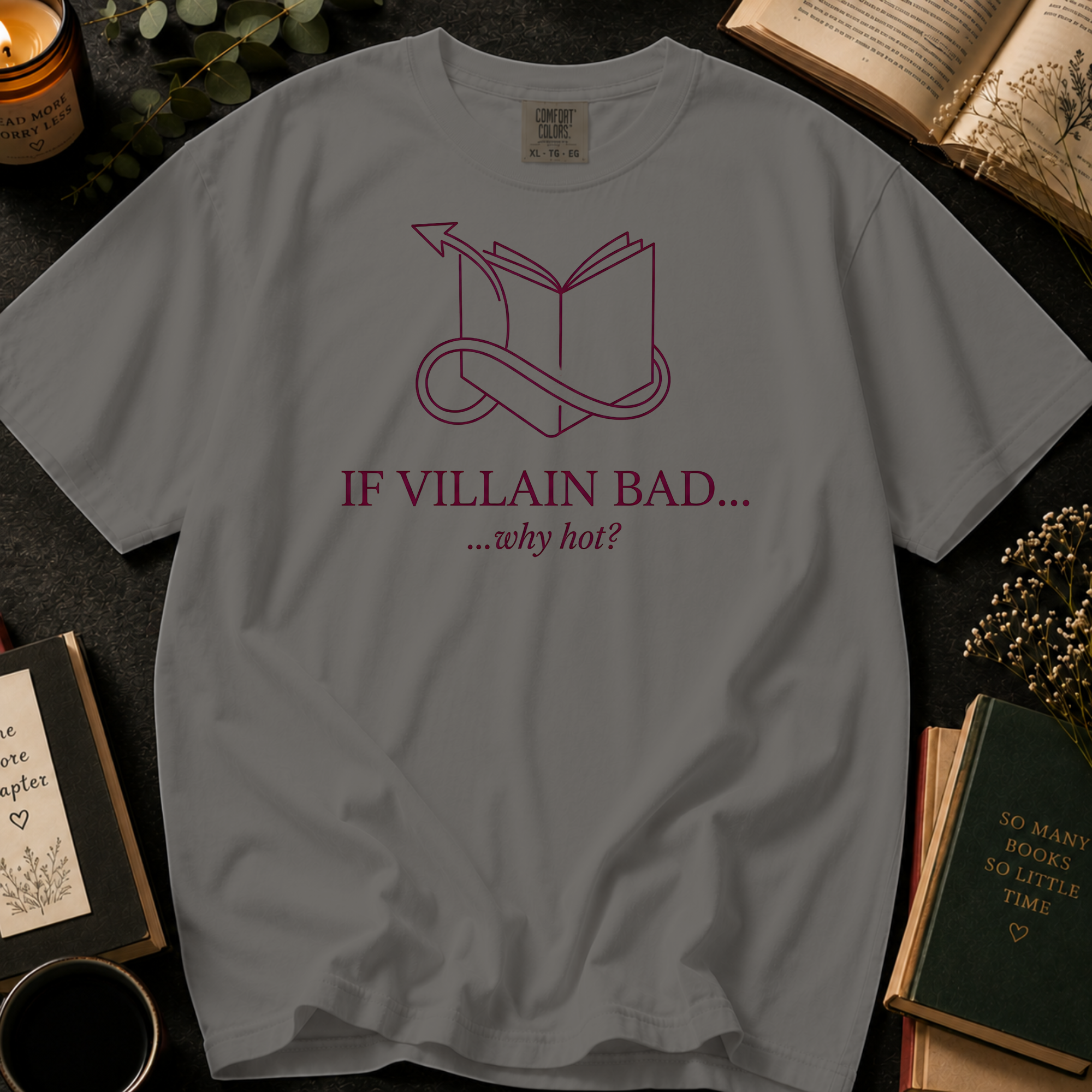 If Villain Bad Why Hot T-Shirt: Line Art Devil Tail Book in Grey - Comfort Colors® T-Shirt
