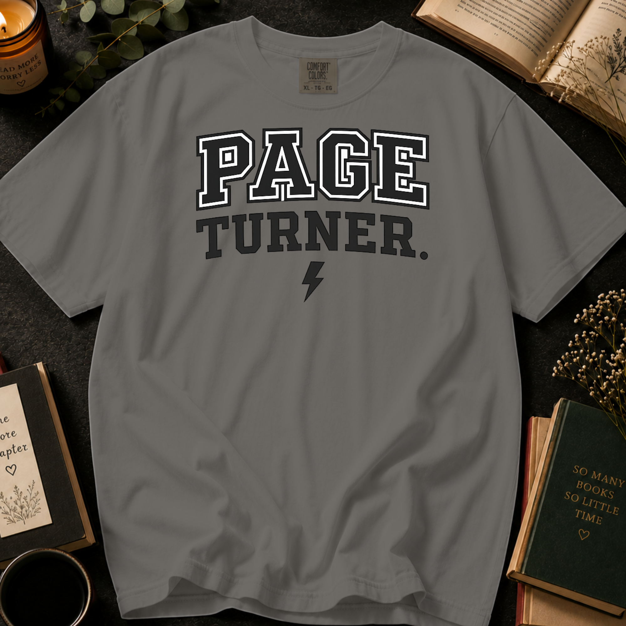 Page Turner T-Shirt: Varsity Style Book Lover in Grey - Comfort Colors® T-Shirt