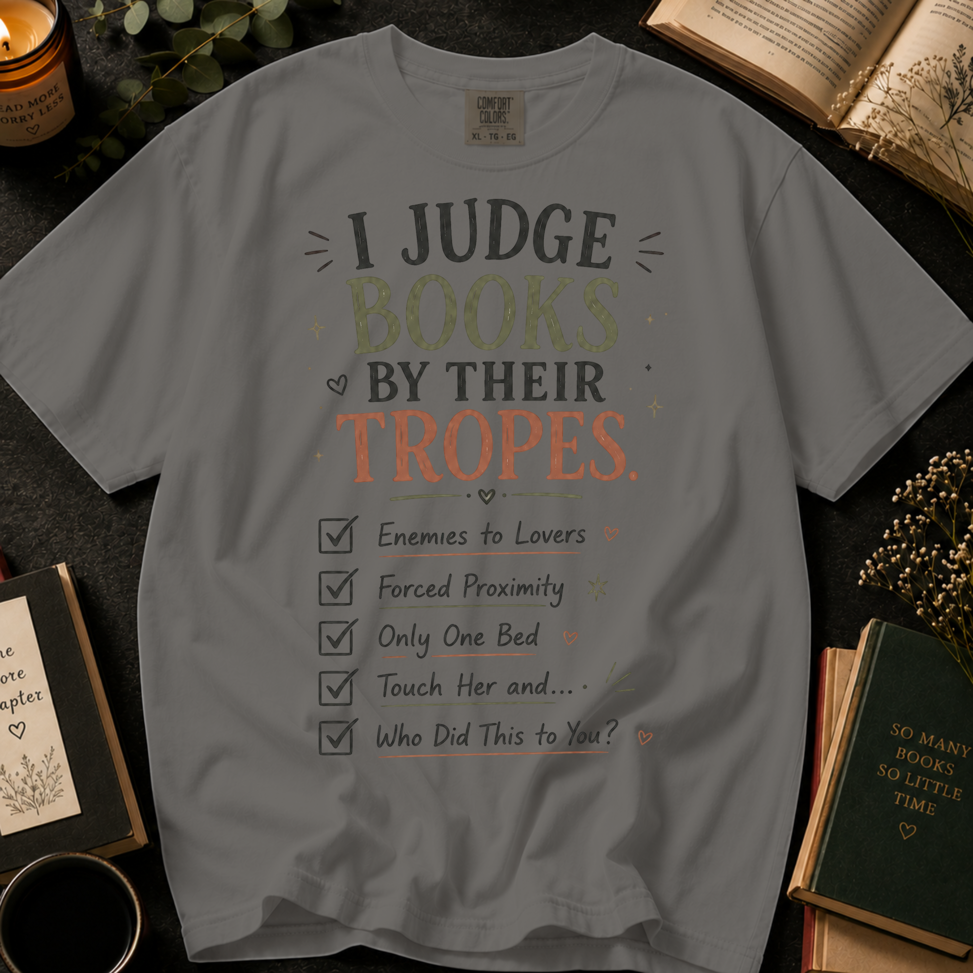I Judge Books By Their Tropes T-Shirt: Enemies to Lovers Checklist in Grey - Comfort Colors® T-Shirt