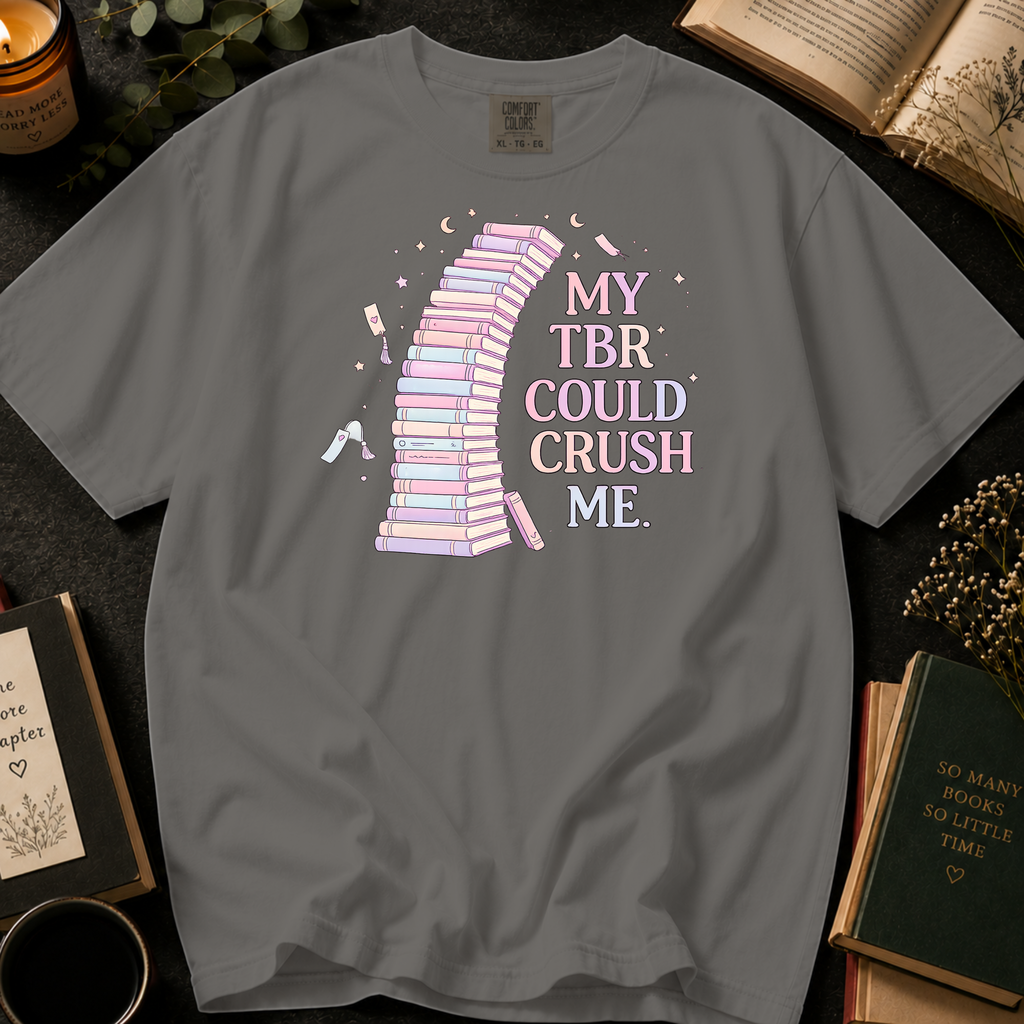My TBR Could Crush Me T-Shirt: Pastel Leaning Book Tower in Grey - Comfort Colors® T-Shirt