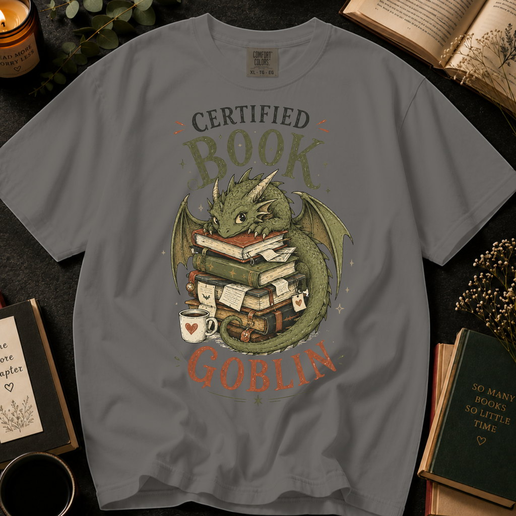 Certified Book Goblin T-Shirt: Cute Dragon Hoarding Books in Grey - Comfort Colors® T-Shirt