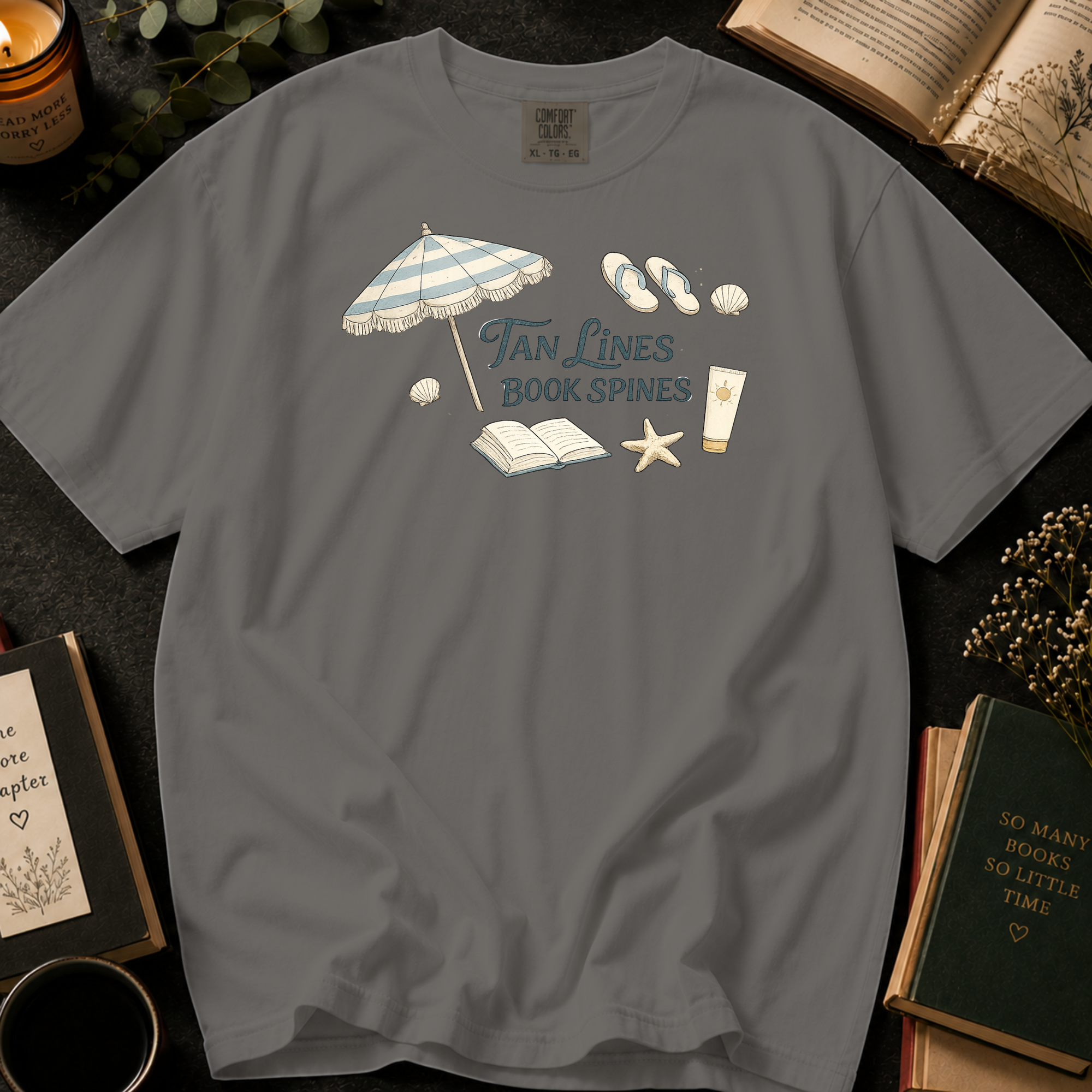Tan Lines and Book Spines T-Shirt: Beach Umbrella in Grey - Comfort Colors® T-Shirt