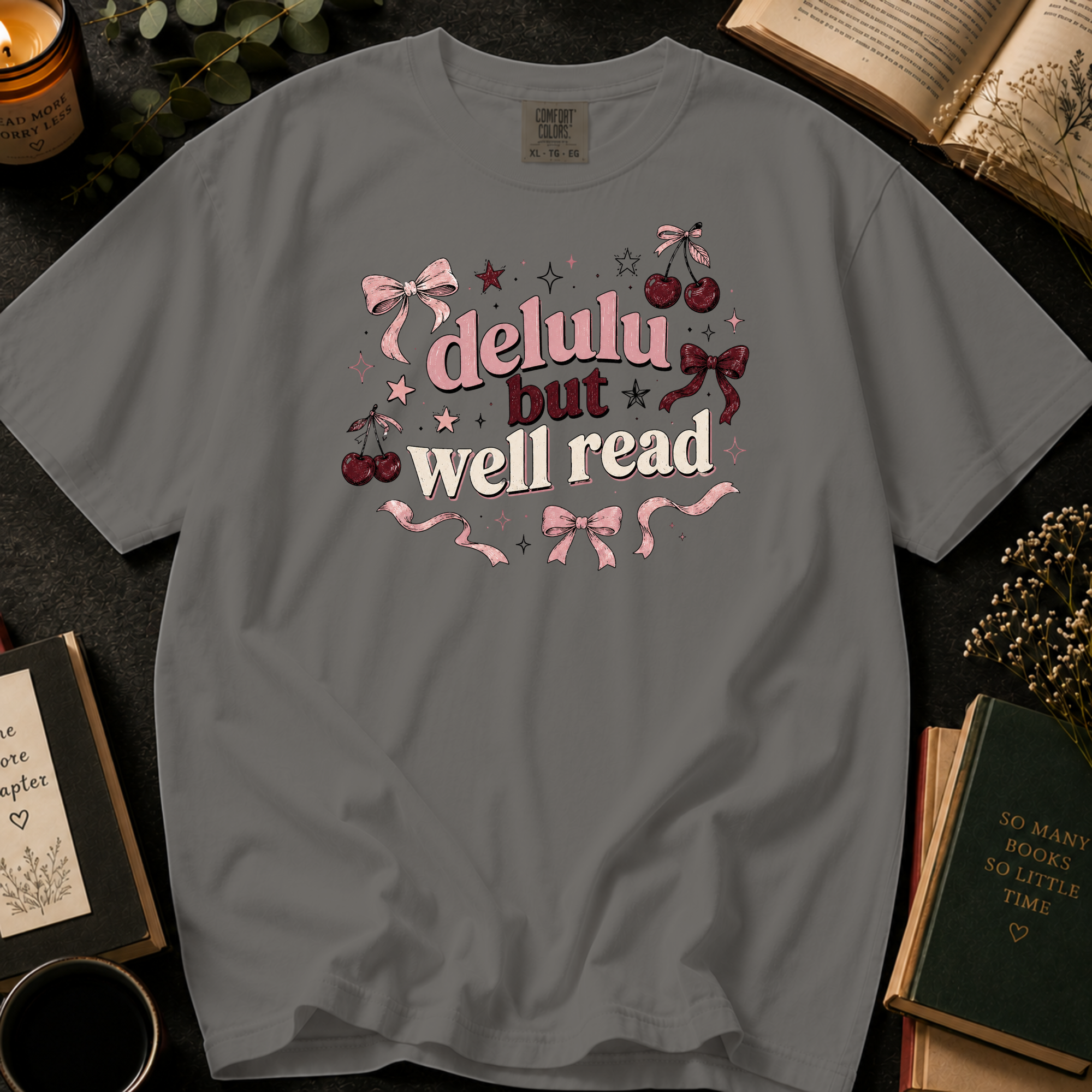 Delulu But Well Read T-Shirt: Retro Cherry and Bow in Grey - Comfort Colors® T-Shirt