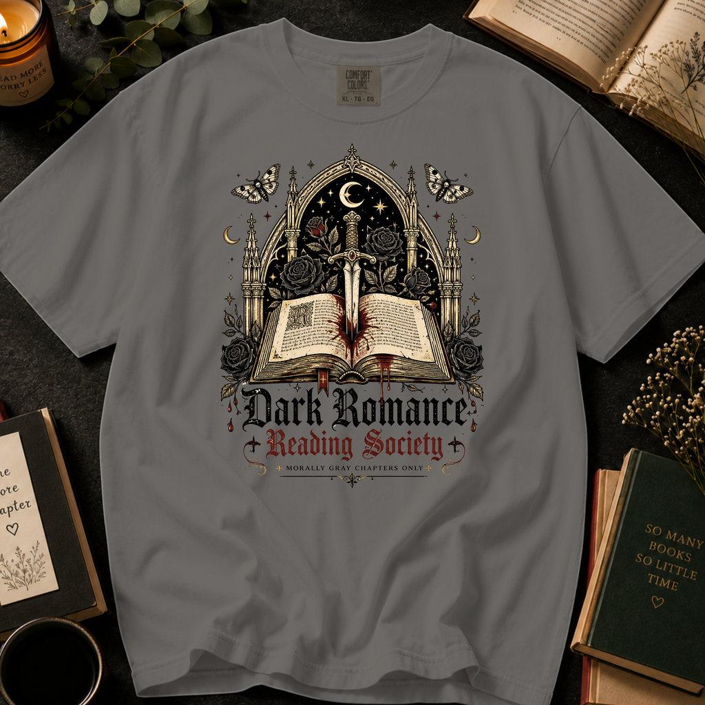 Dark Romance Reading Society T-Shirt: Gothic Dagger and Book in Grey - Comfort Colors® T-Shirt