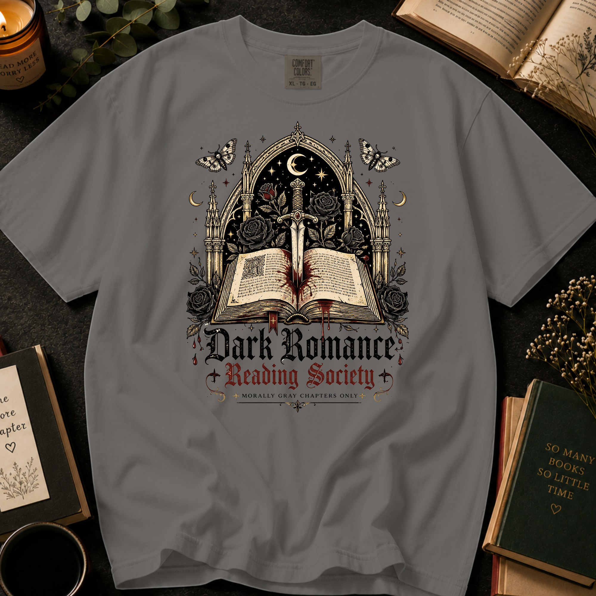 Dark Romance Reading Society T-Shirt: Gothic Dagger and Book in Grey - Comfort Colors® T-Shirt