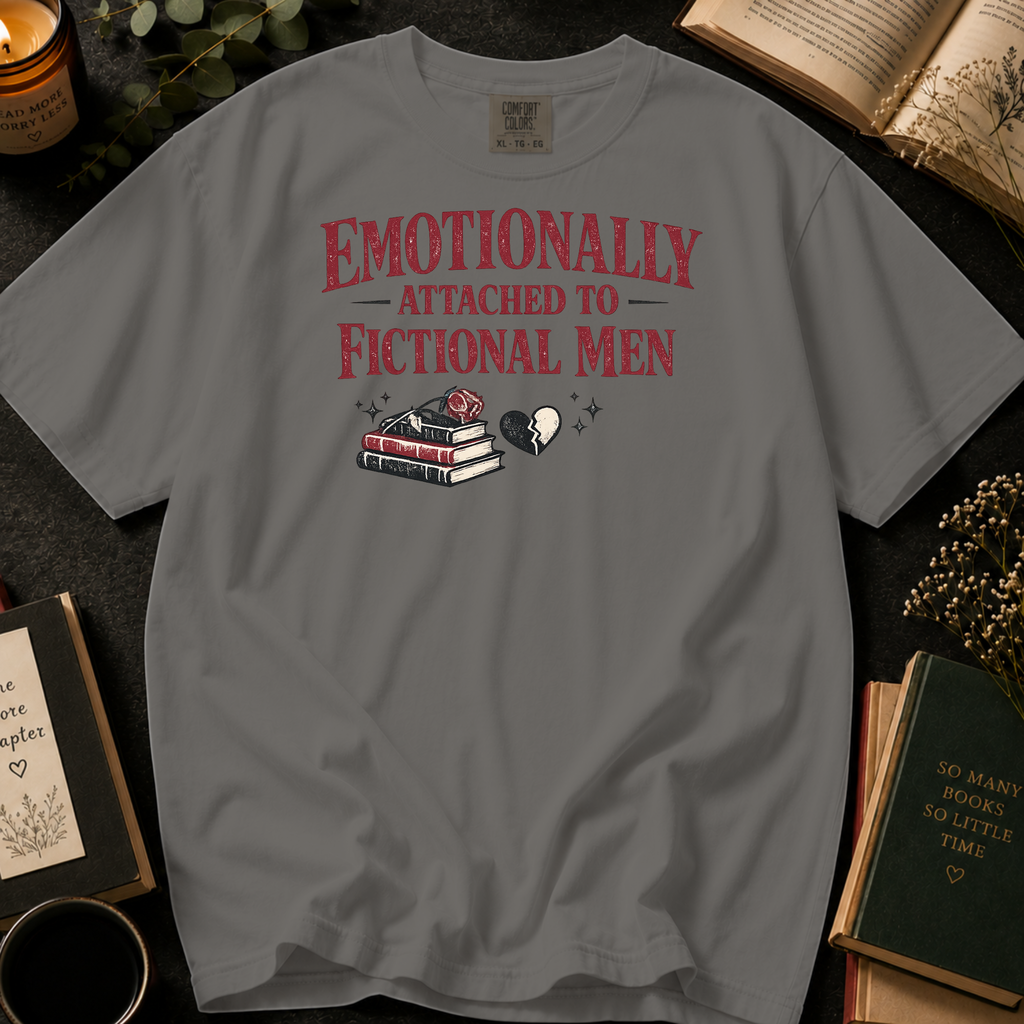 Emotionally Attached to Fictional Men T-Shirt: Broken Heart Book Stack in Grey - Comfort Colors® T-Shirt