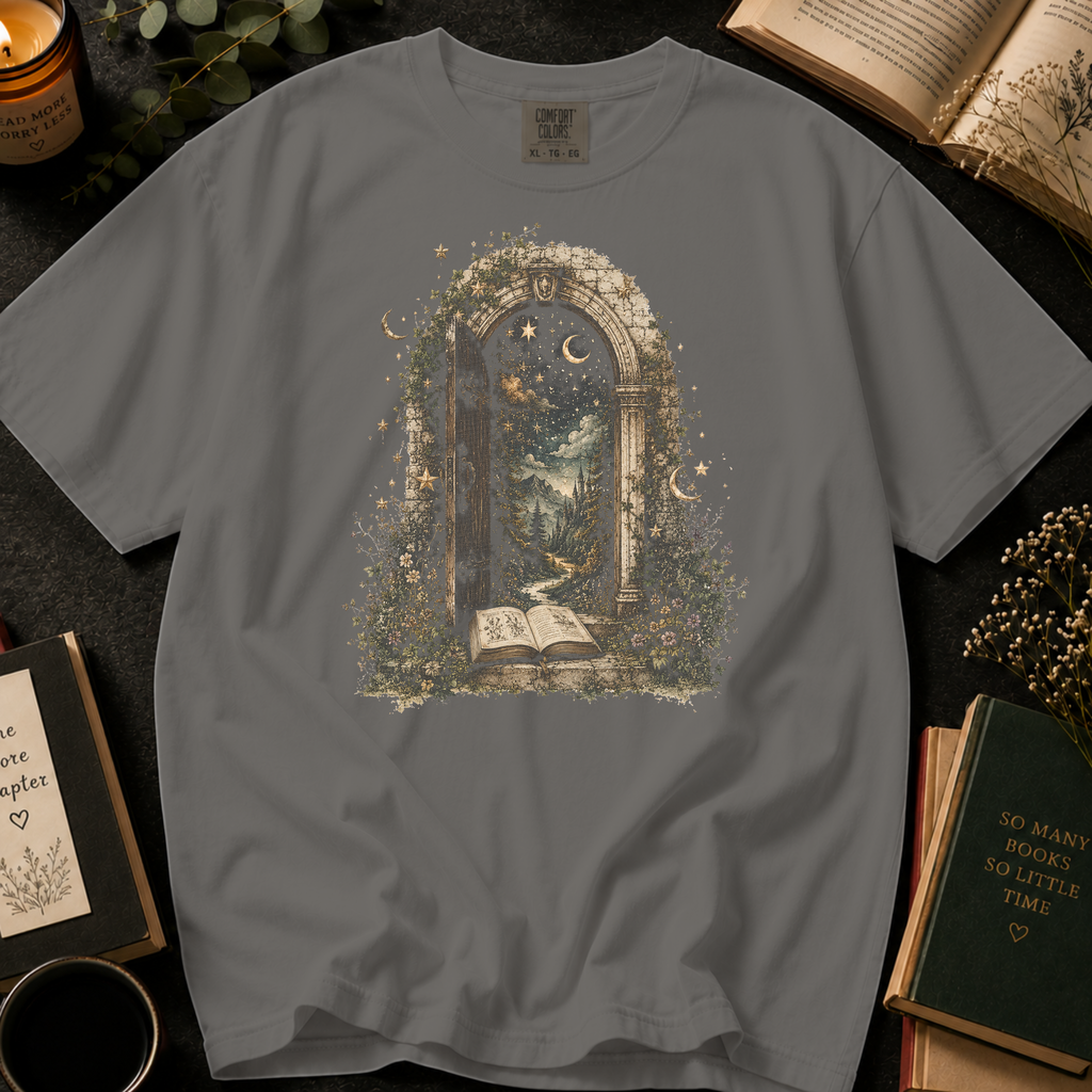 Through the Pages T-Shirt: Enchanted Archway Book Portal in Grey - Comfort Colors® T-Shirt