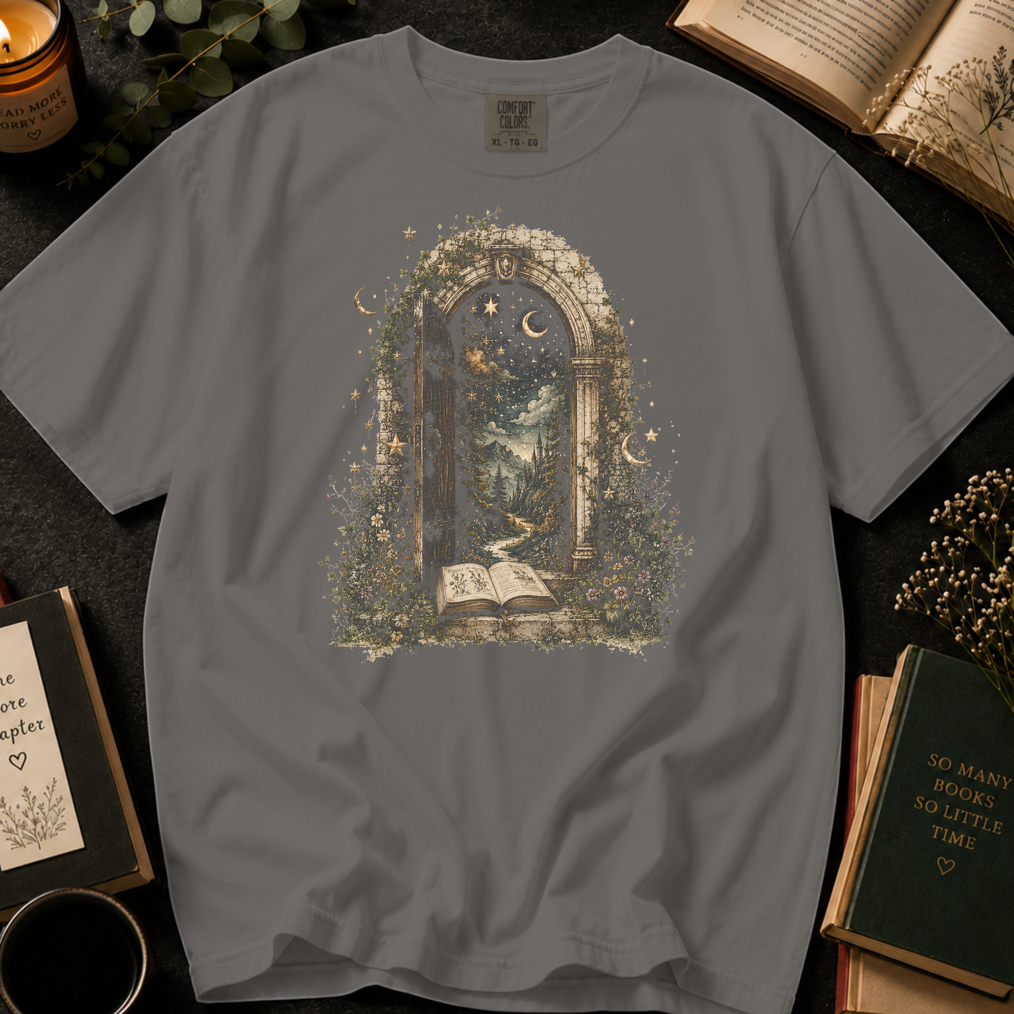 Through the Pages T-Shirt: Enchanted Archway Book Portal in Grey - Comfort Colors® T-Shirt
