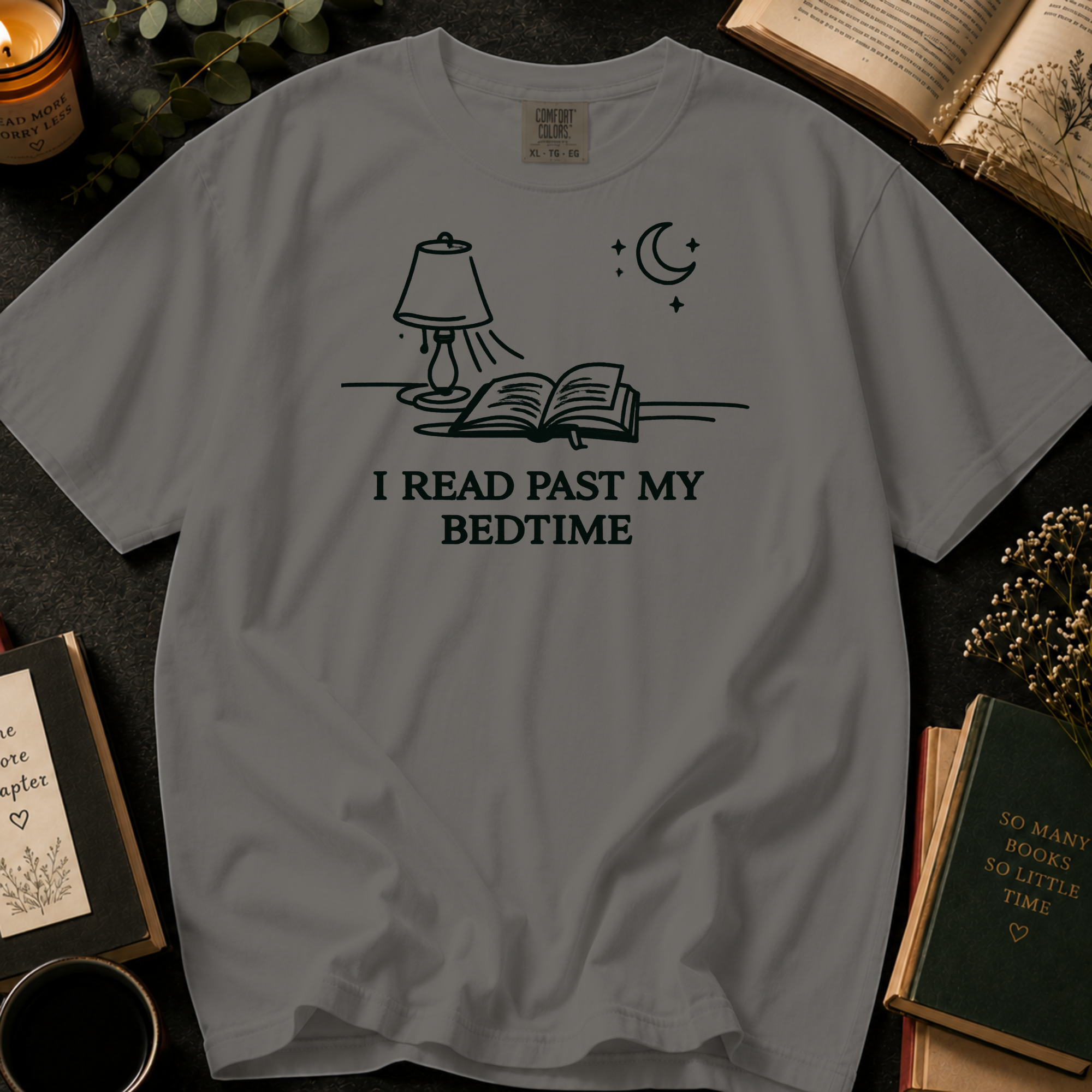 I Read Past My Bedtime T-Shirt: Nightstand Lamp and Book in Grey - Comfort Colors® T-Shirt