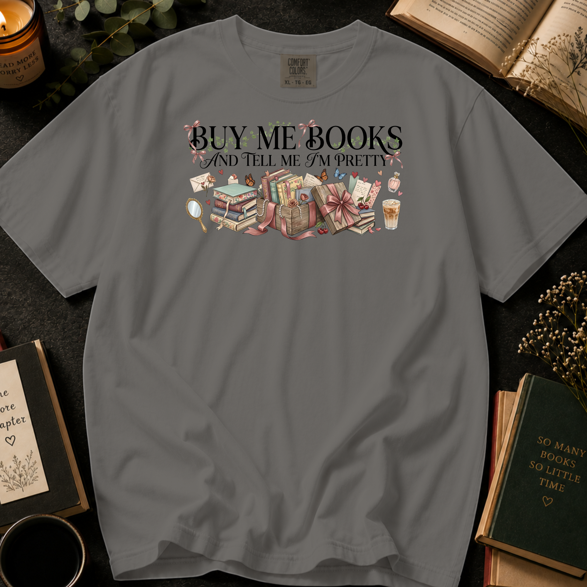 Buy Me Books and Tell Me I'm Pretty T-Shirt: Vintage Vanity and Gift Box in Grey - Comfort Colors® T-Shirt