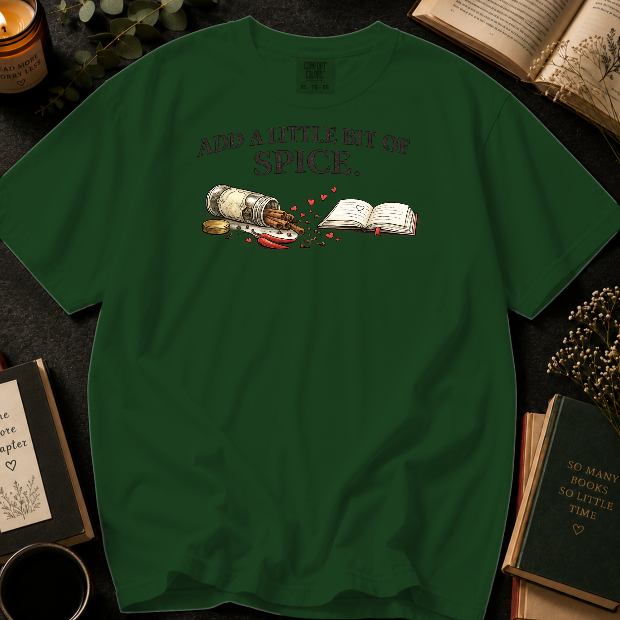 Add A Little Bit Of Spice T-Shirt: Cinnamon and Chili Book in Hemp - Comfort Colors® T-Shirt
