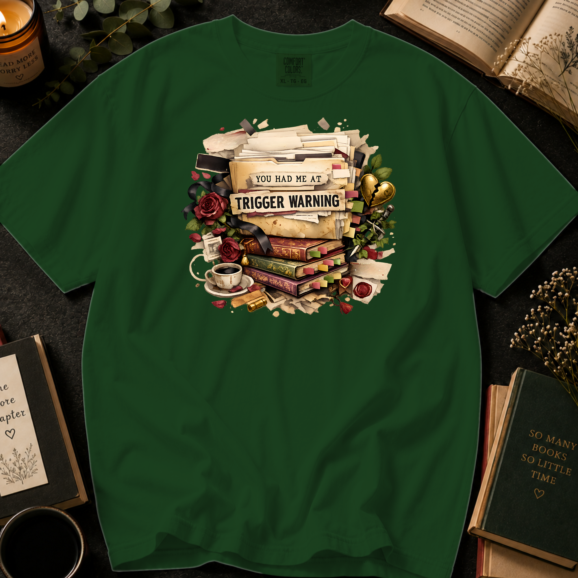 You Had Me At Trigger Warning T-Shirt: Vintage Book Stack in Hemp - Comfort Colors® T-Shirt