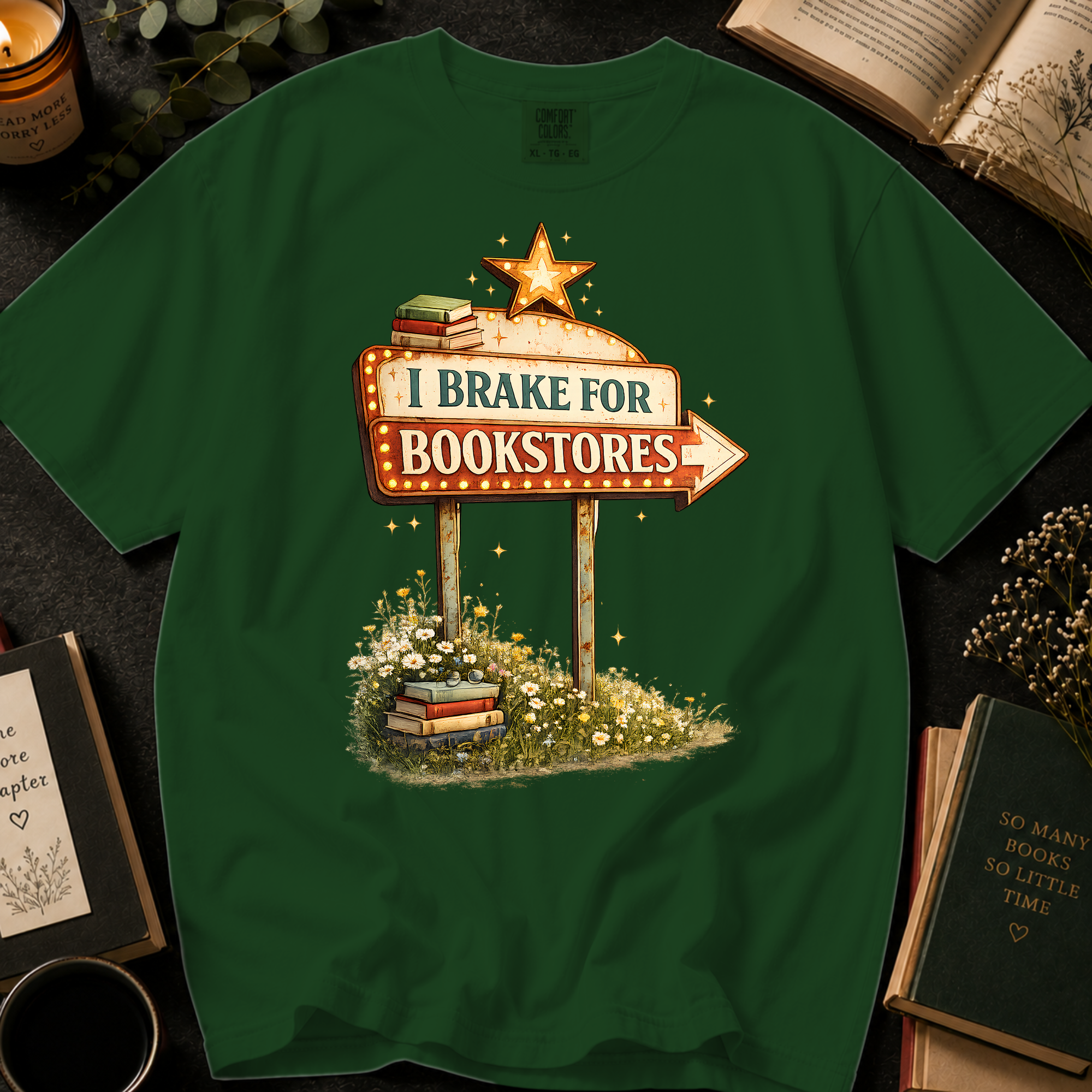 I Brake for Bookstores T-Shirt: Vintage Marquee Sign in Hemp - Comfort Colors® T-Shirt