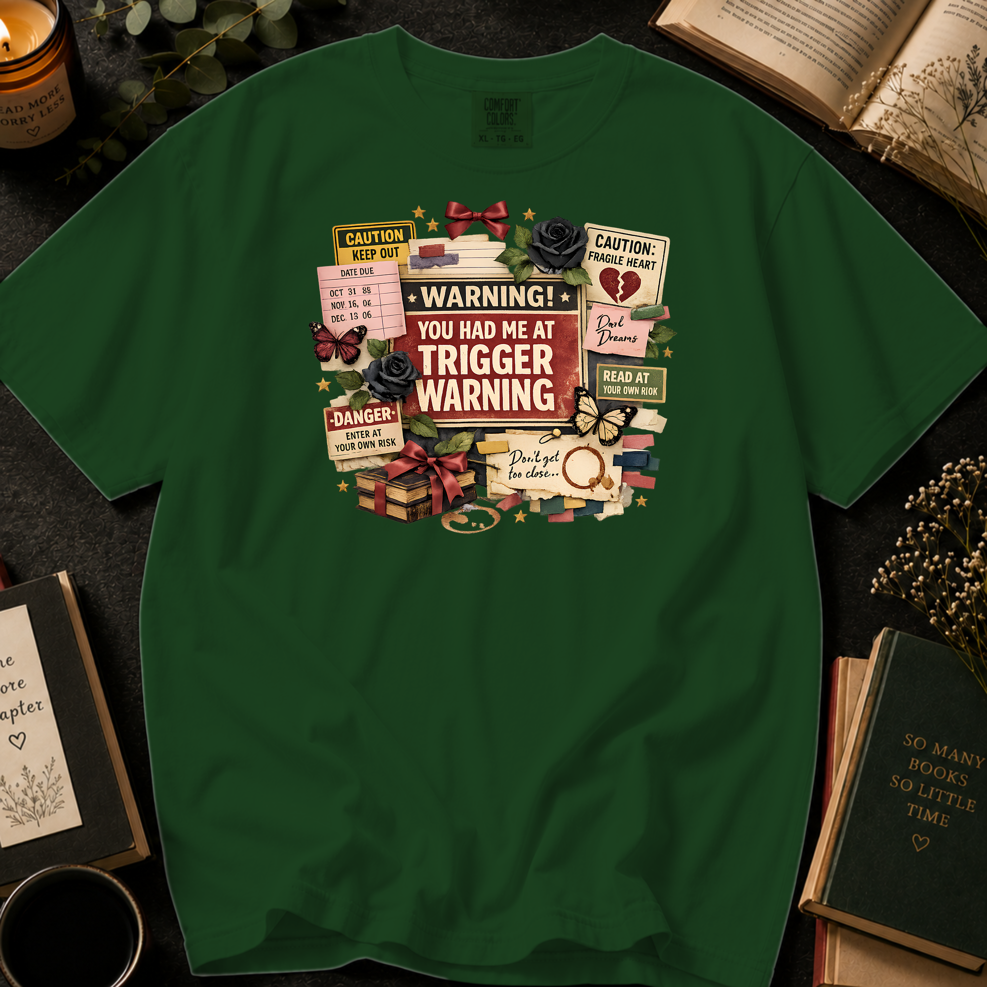 You Had Me At Trigger Warning T-Shirt: Warning Label Collage in Hemp - Comfort Colors® T-Shirt