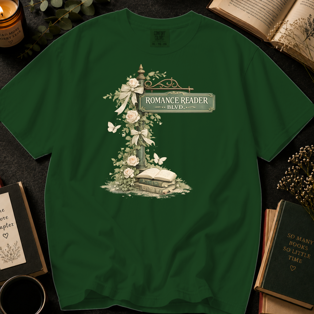 Romance Reader Blvd T-Shirt: Vintage Street Sign Floral in Hemp - Comfort Colors® T-Shirt