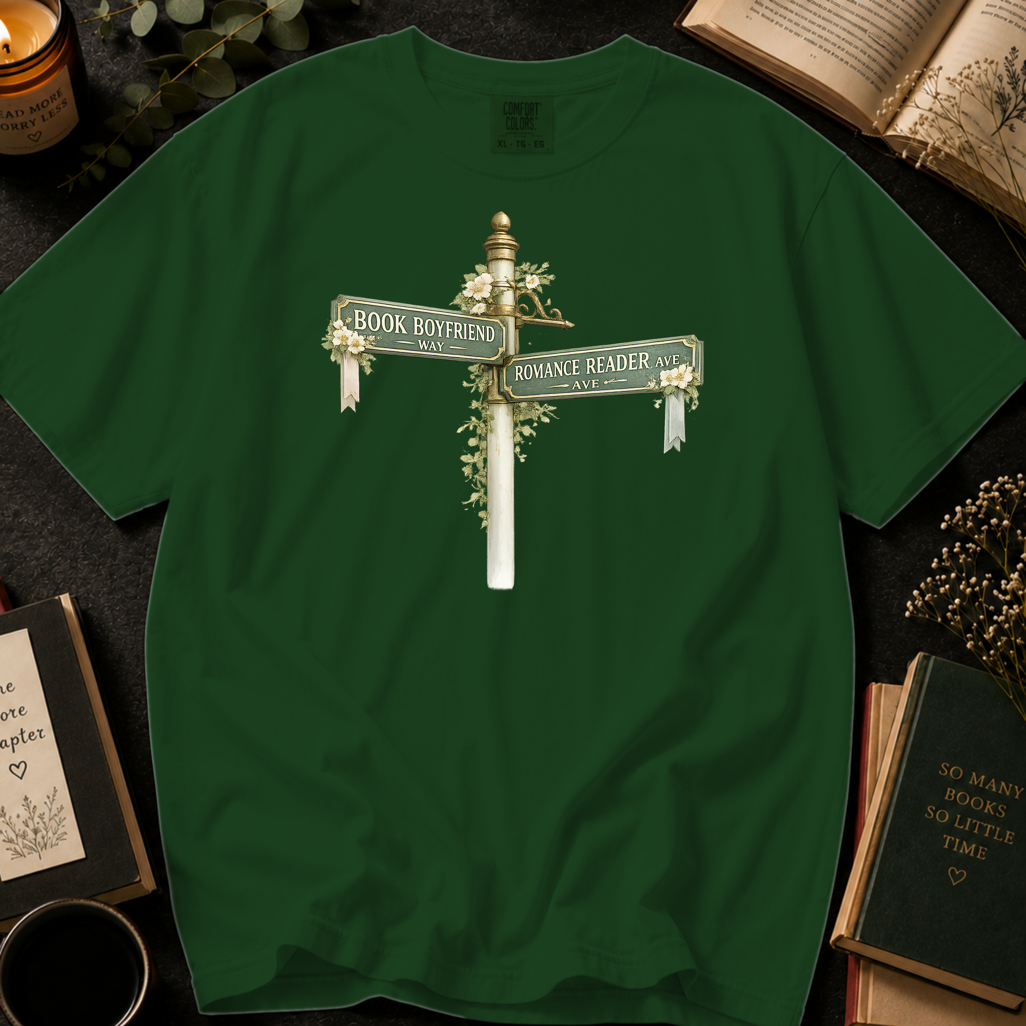 Book Boyfriend Way and Romance Reader Ave T-Shirt: Vintage Street Sign in Hemp - Comfort Colors® T-Shirt