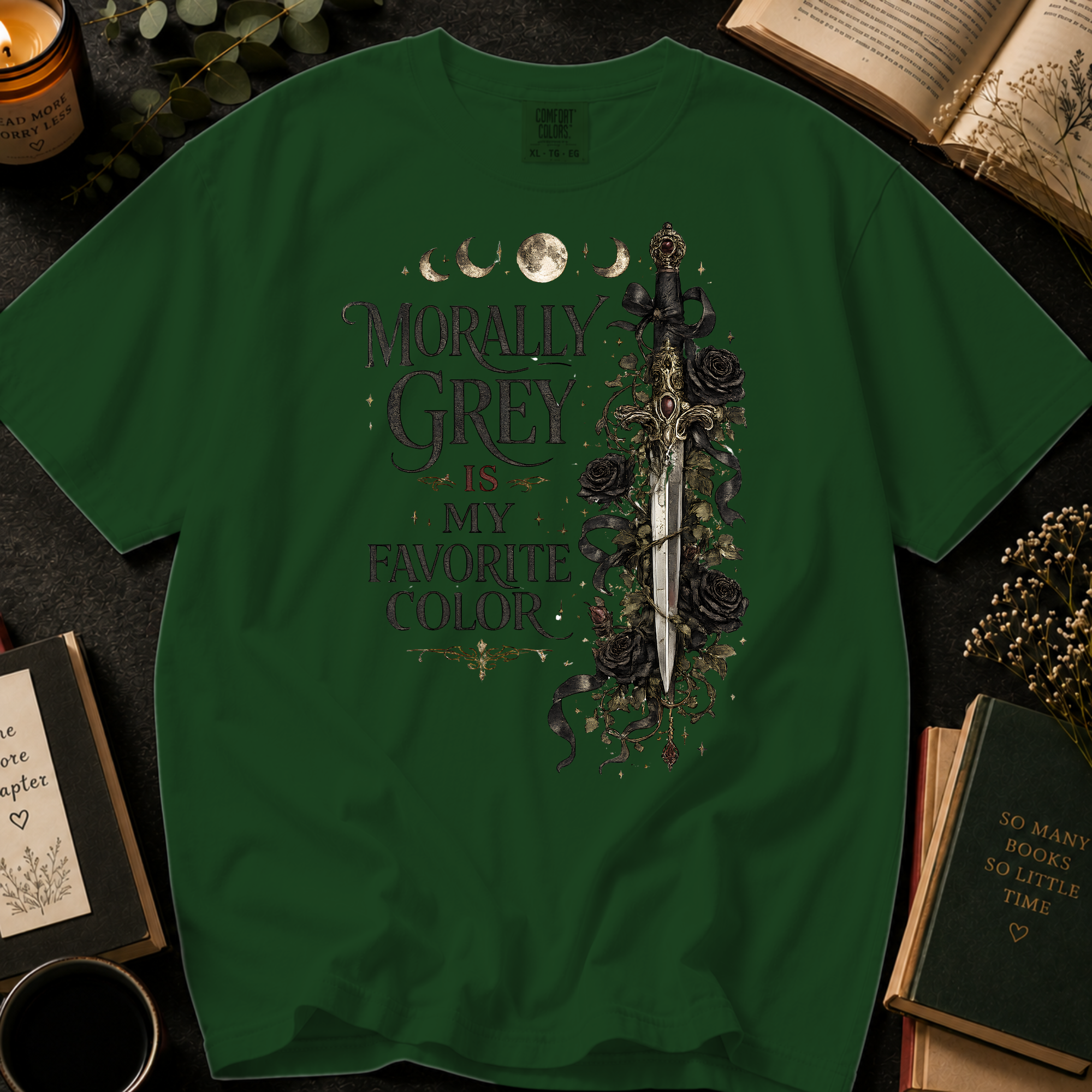 Morally Grey Is My Favorite Color T-Shirt: Gothic Dagger and Roses in Hemp - Comfort Colors® T-Shirt