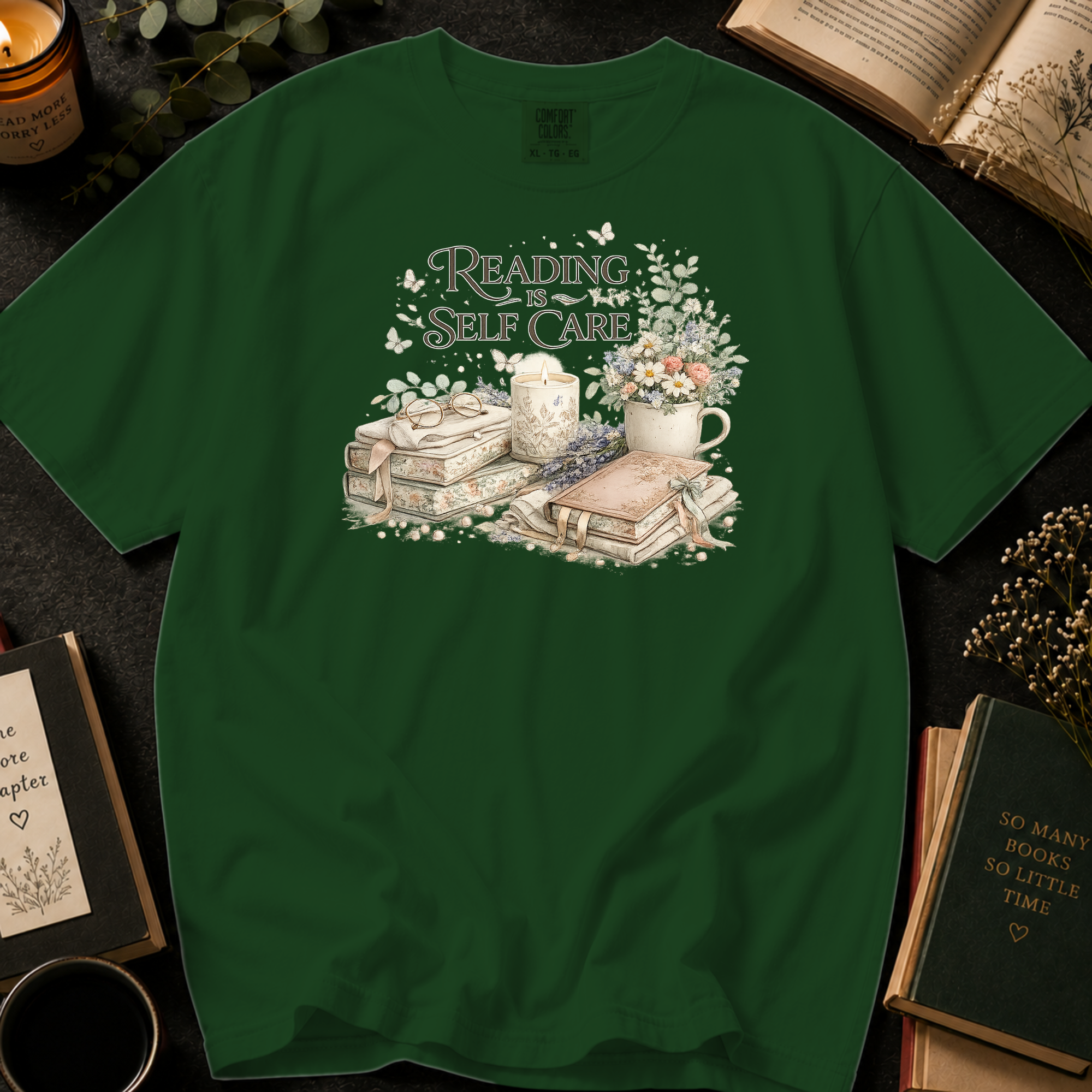 Reading Is Self Care T-Shirt: Candlelight and Books in Hemp - Comfort Colors® T-Shirt