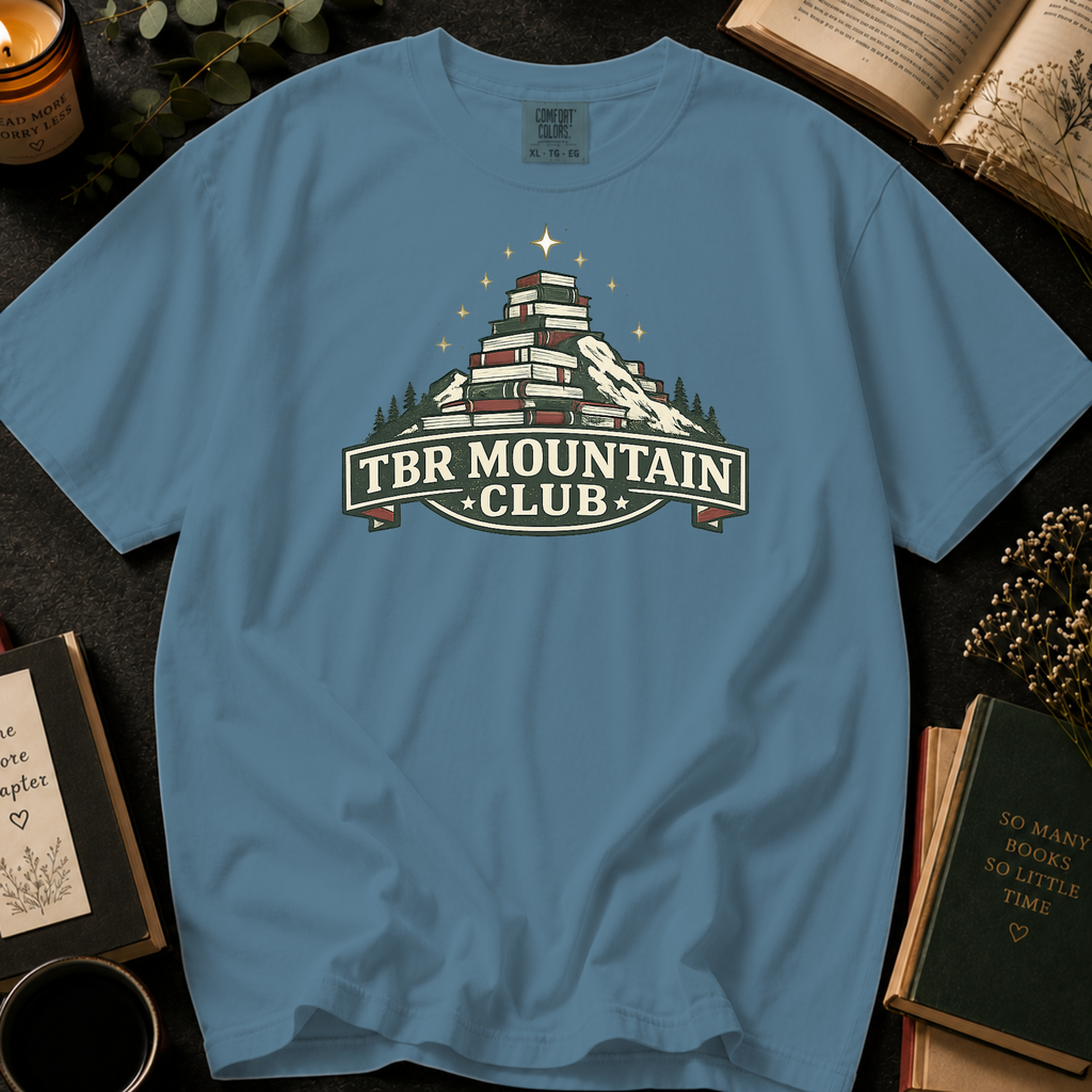 TBR Mountain Club T-Shirt: Book Stack Mountain in Ice Blue - Comfort Colors® T-Shirt