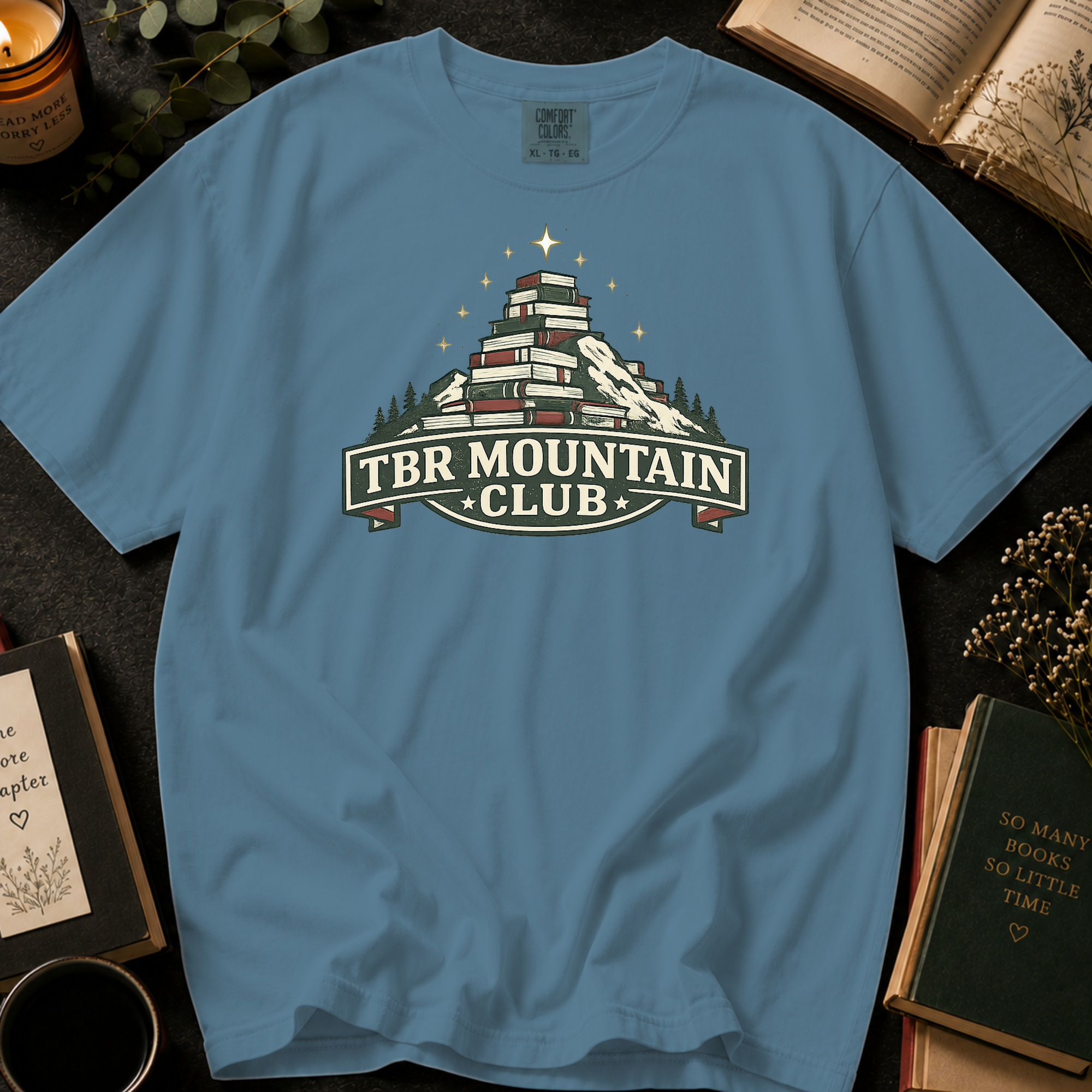 TBR Mountain Club T-Shirt: Book Stack Mountain in Ice Blue - Comfort Colors® T-Shirt