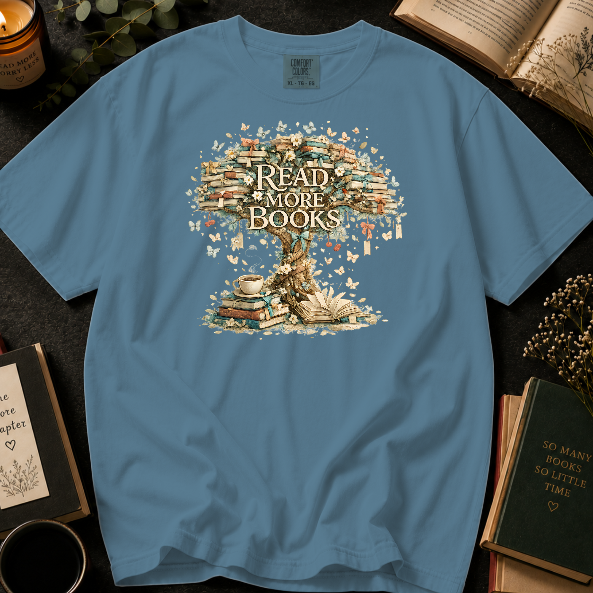 Read More Books T-Shirt: Vintage Book Tree in Ice Blue - Comfort Colors® T-Shirt