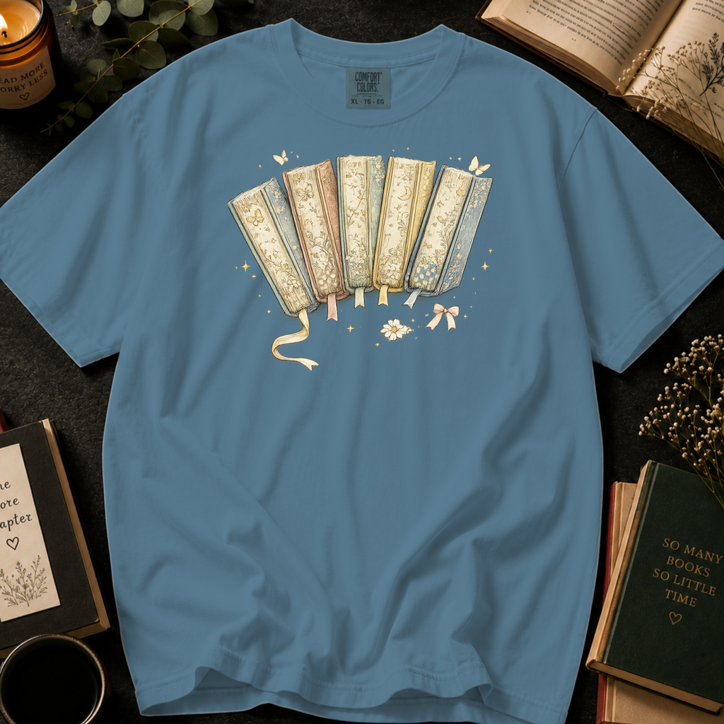 Vintage Floral Book Spines T-Shirt: Storybook Fan in Ice Blue - Comfort Colors® T-Shirt