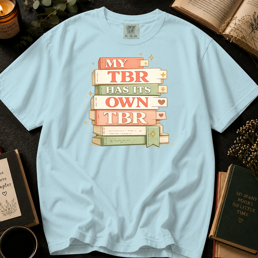 My TBR Has Its Own TBR T-Shirt: Stacked Book Spine in Island Reef - Comfort Colors® T-Shirt
