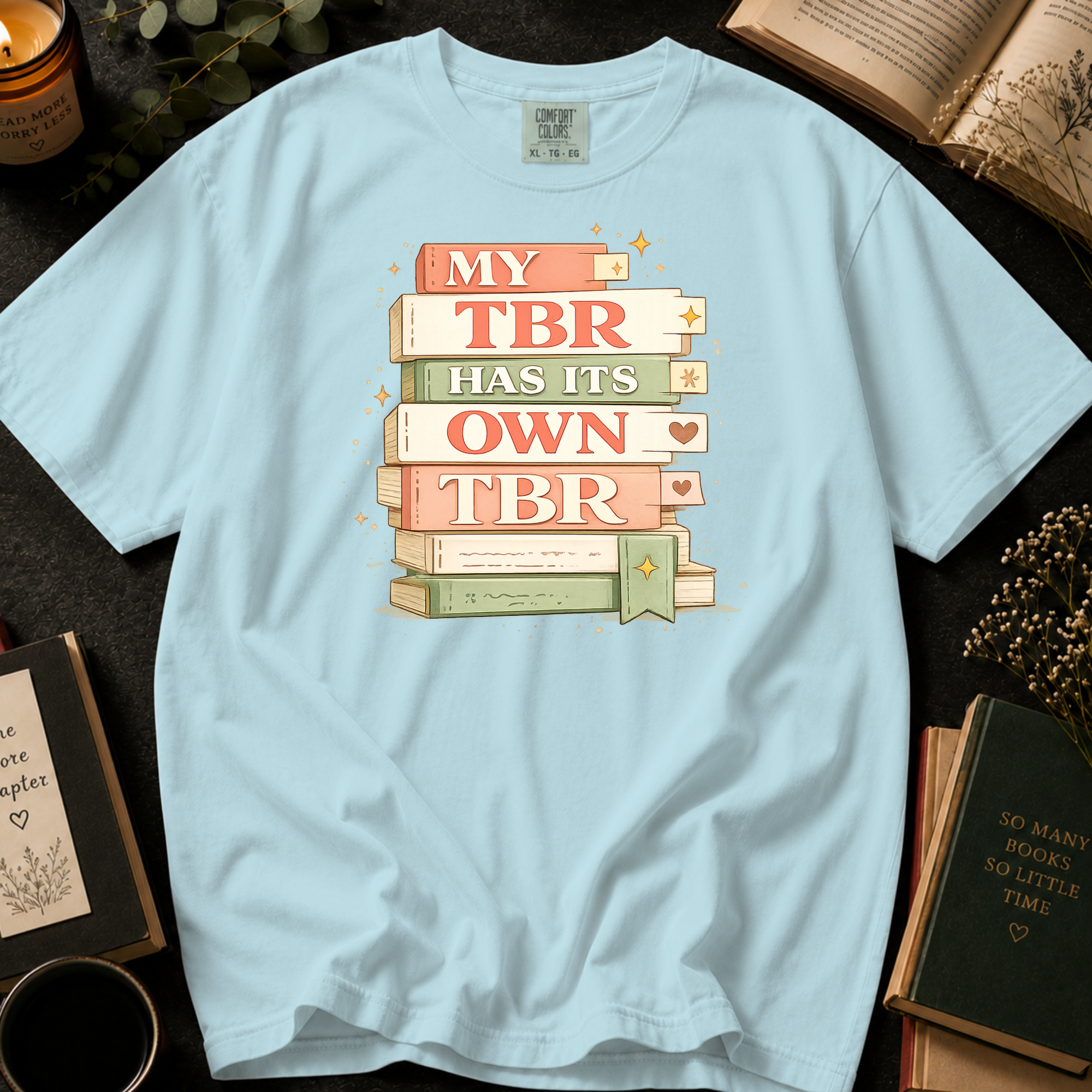 My TBR Has Its Own TBR T-Shirt: Stacked Book Spine in Island Reef - Comfort Colors® T-Shirt