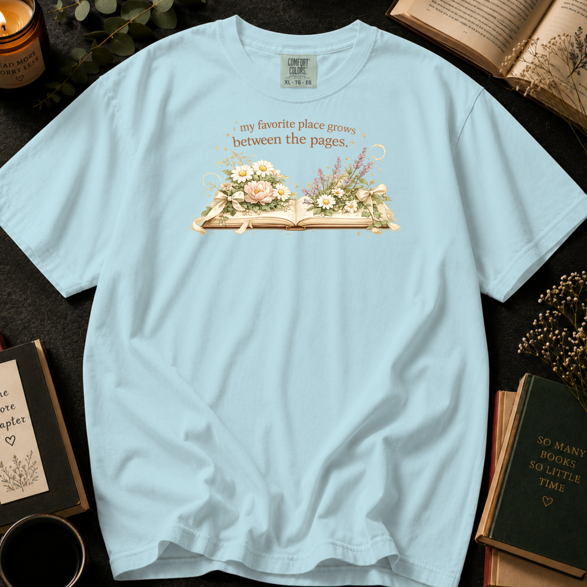 My Favorite Place Grows Between the Pages T-Shirt: Floral Open Book in Island Reef - Comfort Colors® T-Shirt
