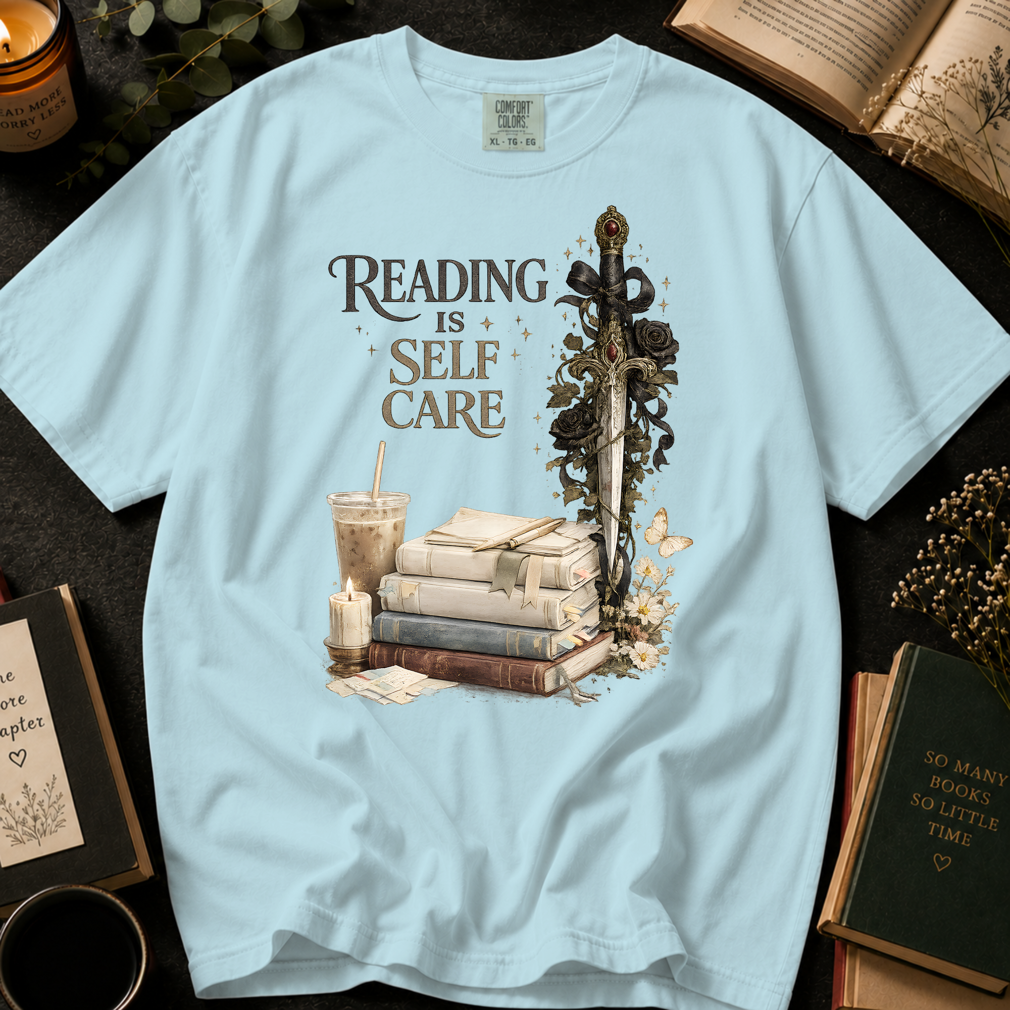 Reading Is Self Care T-Shirt: Gothic Dagger and Black Roses in Island Reef - Comfort Colors® T-Shirt