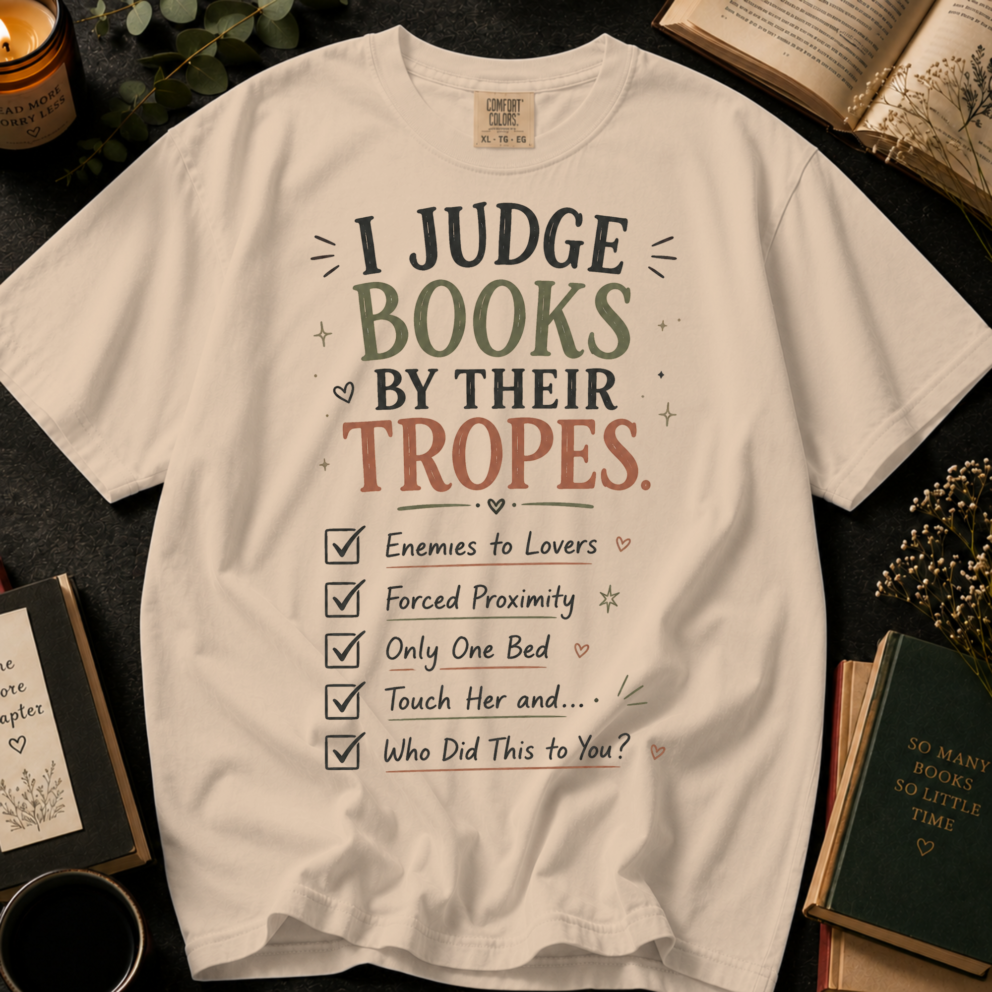 I Judge Books By Their Tropes T-Shirt: Enemies to Lovers Checklist in Ivory - Comfort Colors® T-Shirt