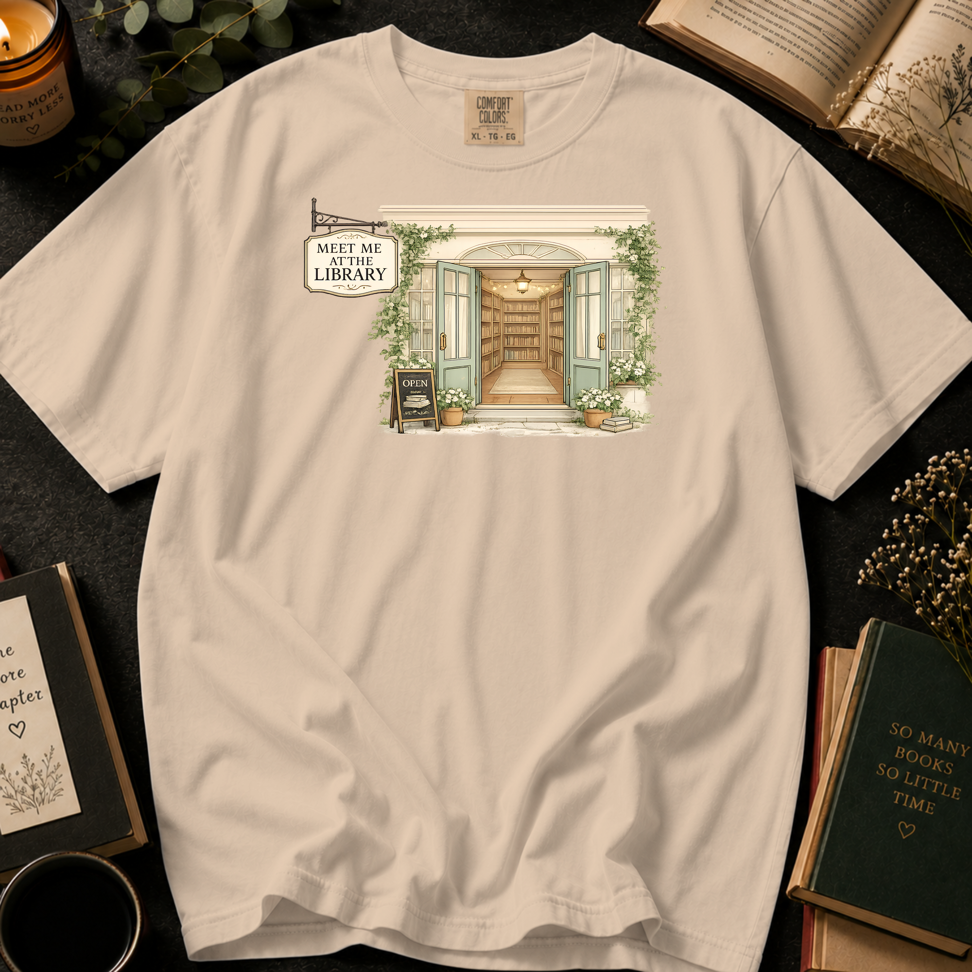 Meet Me At The Library T-Shirt: Cozy Bookshop Storefront in Ivory - Comfort Colors® T-Shirt