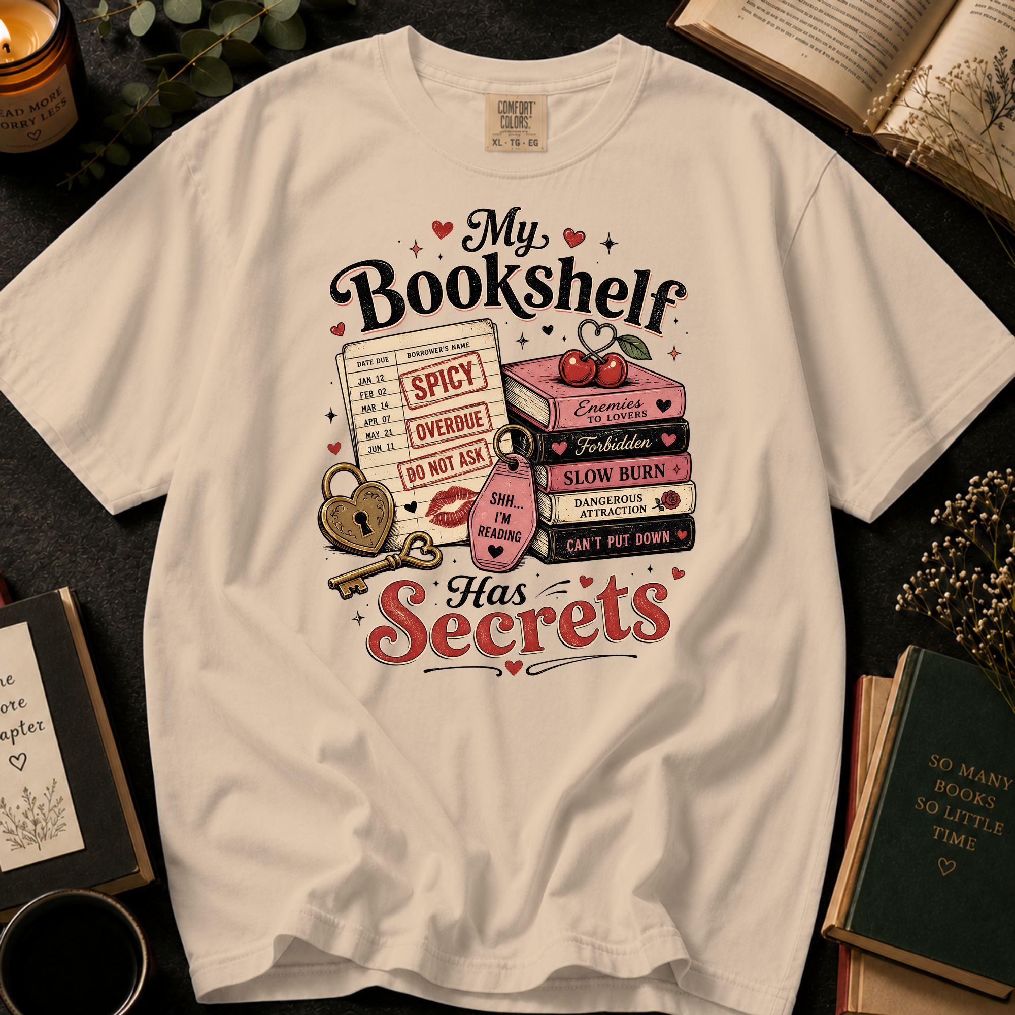 My Bookshelf Has Secrets T-Shirt: Spicy Romance Library Card in Ivory - Comfort Colors® T-Shirt