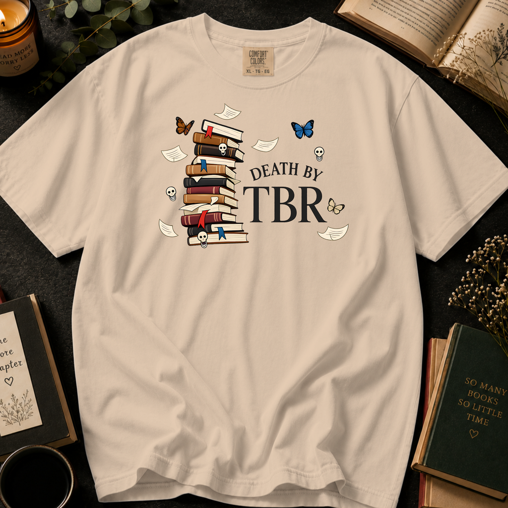Death By TBR T-Shirt: Gothic Book Stack in Ivory - Comfort Colors® T-Shirt