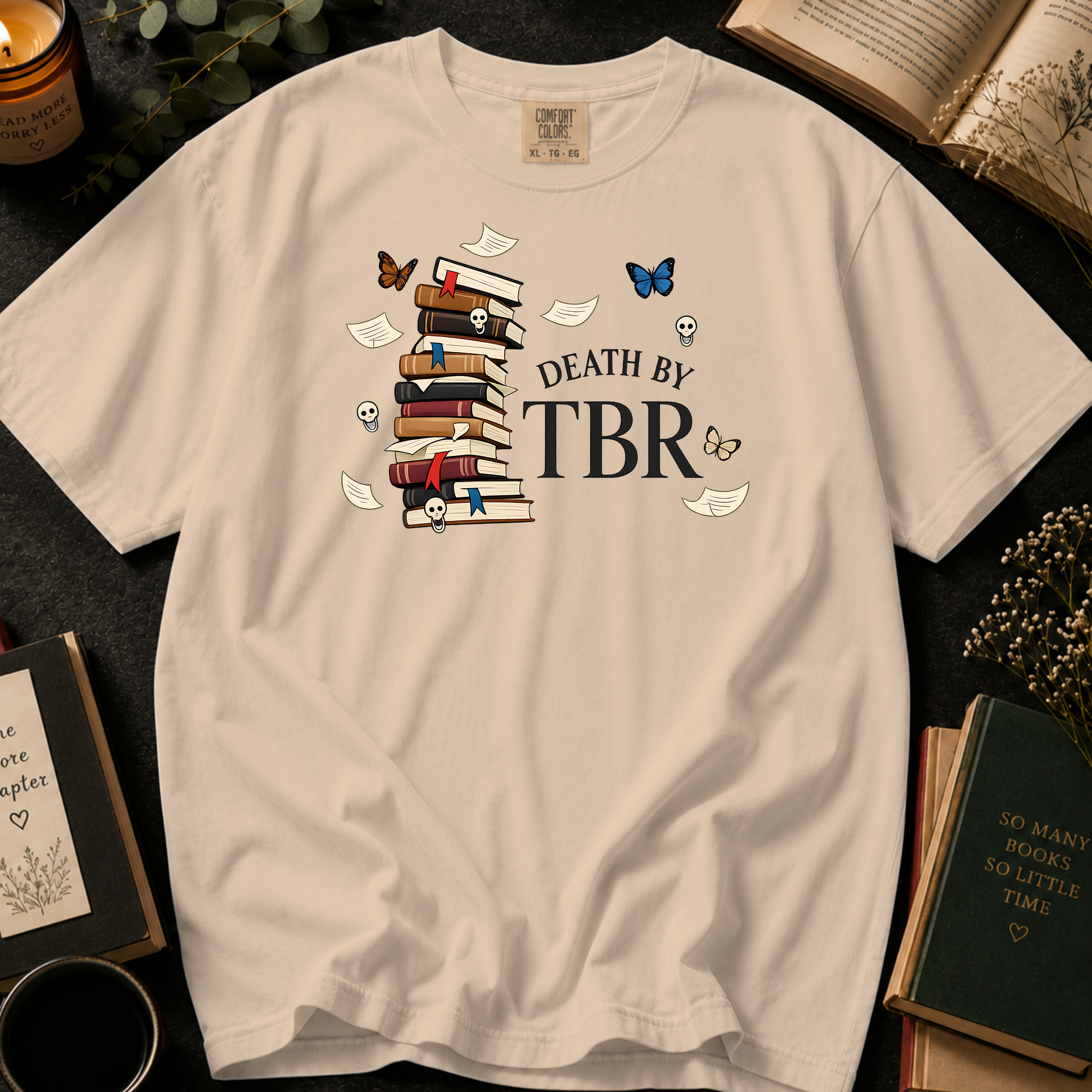 Death By TBR T-Shirt: Gothic Book Stack in Ivory - Comfort Colors® T-Shirt