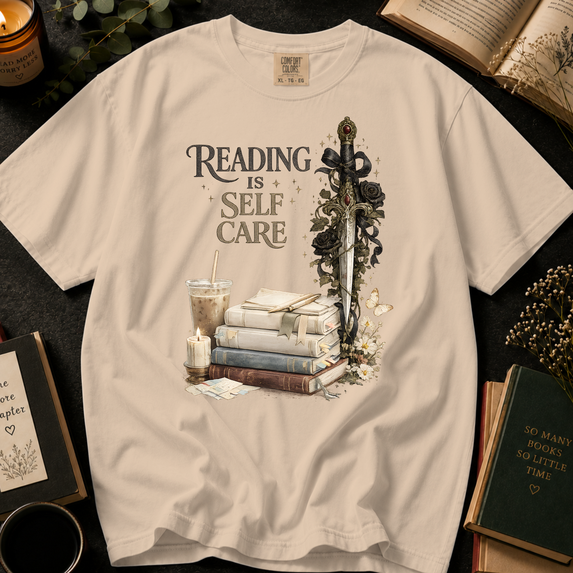 Reading Is Self Care T-Shirt: Gothic Dagger and Black Roses in Ivory - Comfort Colors® T-Shirt