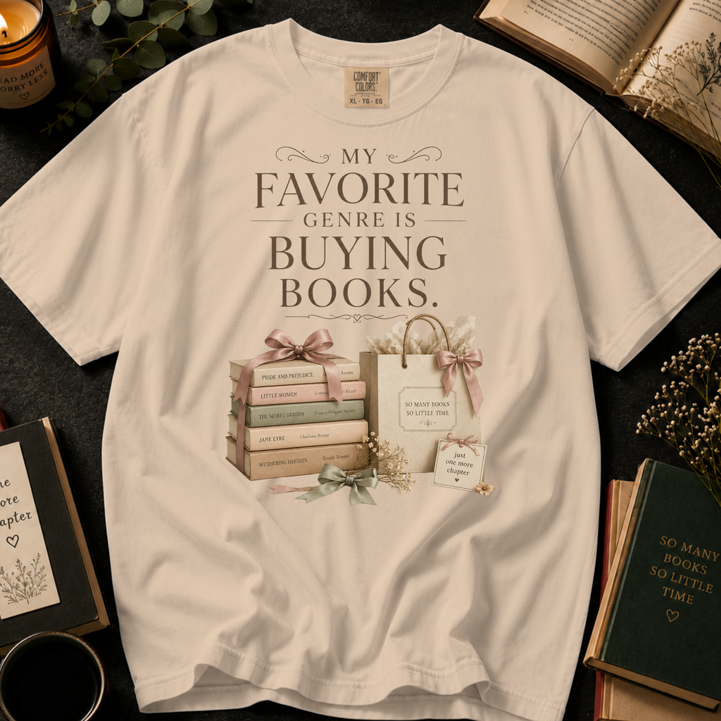 My Favorite Genre Is Buying Books T-Shirt: Classic Book Stack and Gift Bag in Ivory - Comfort Colors® T-Shirt