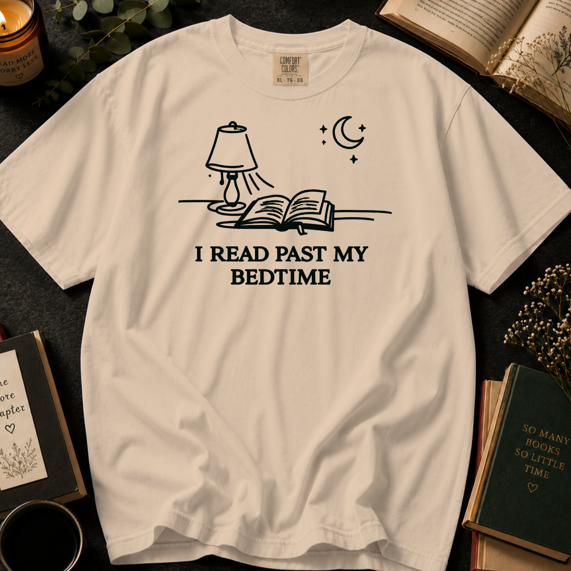 I Read Past My Bedtime T-Shirt: Nightstand Lamp and Book in Ivory - Comfort Colors® T-Shirt