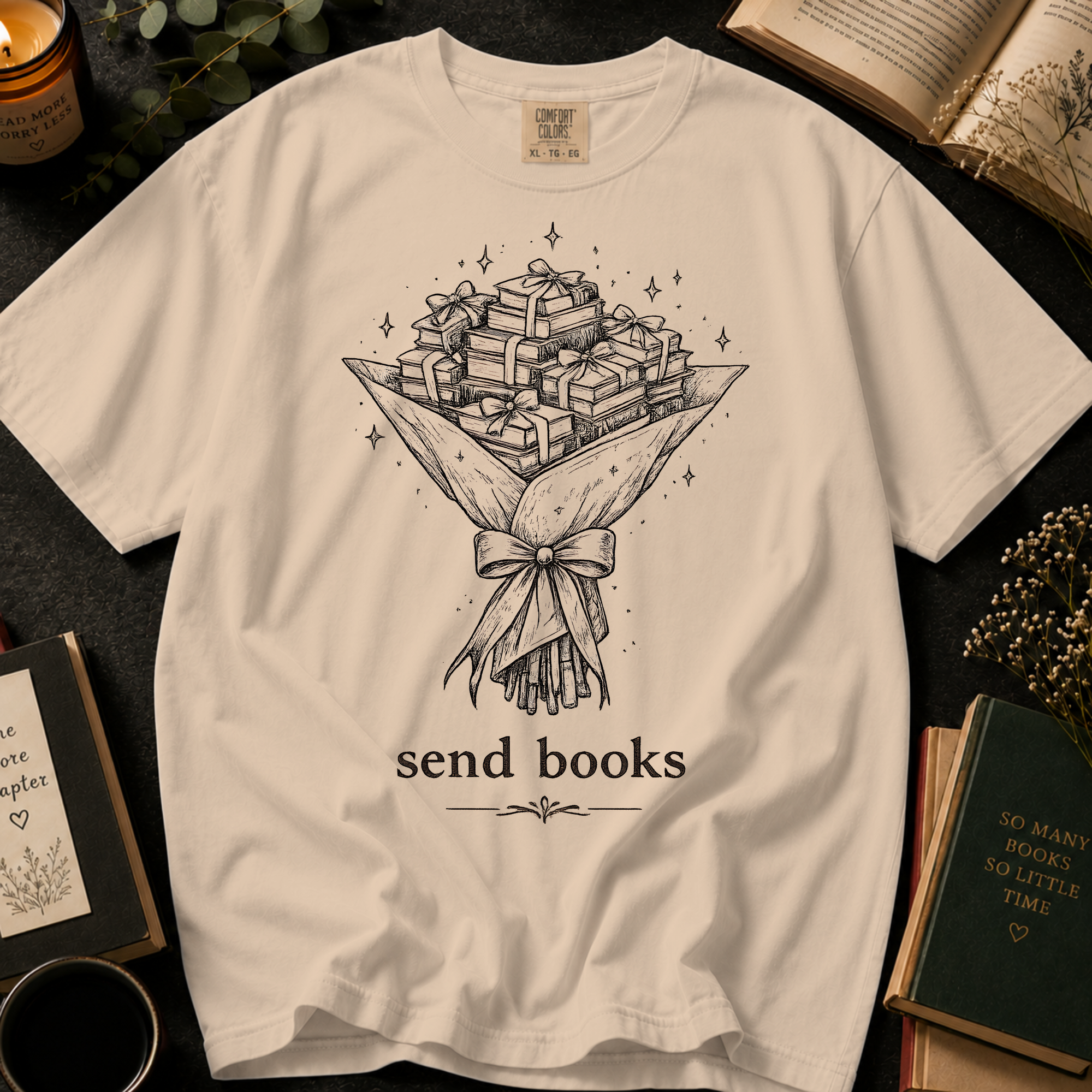 Send Books T-Shirt: Book Bouquet Sketch in Ivory - Comfort Colors® T-Shirt