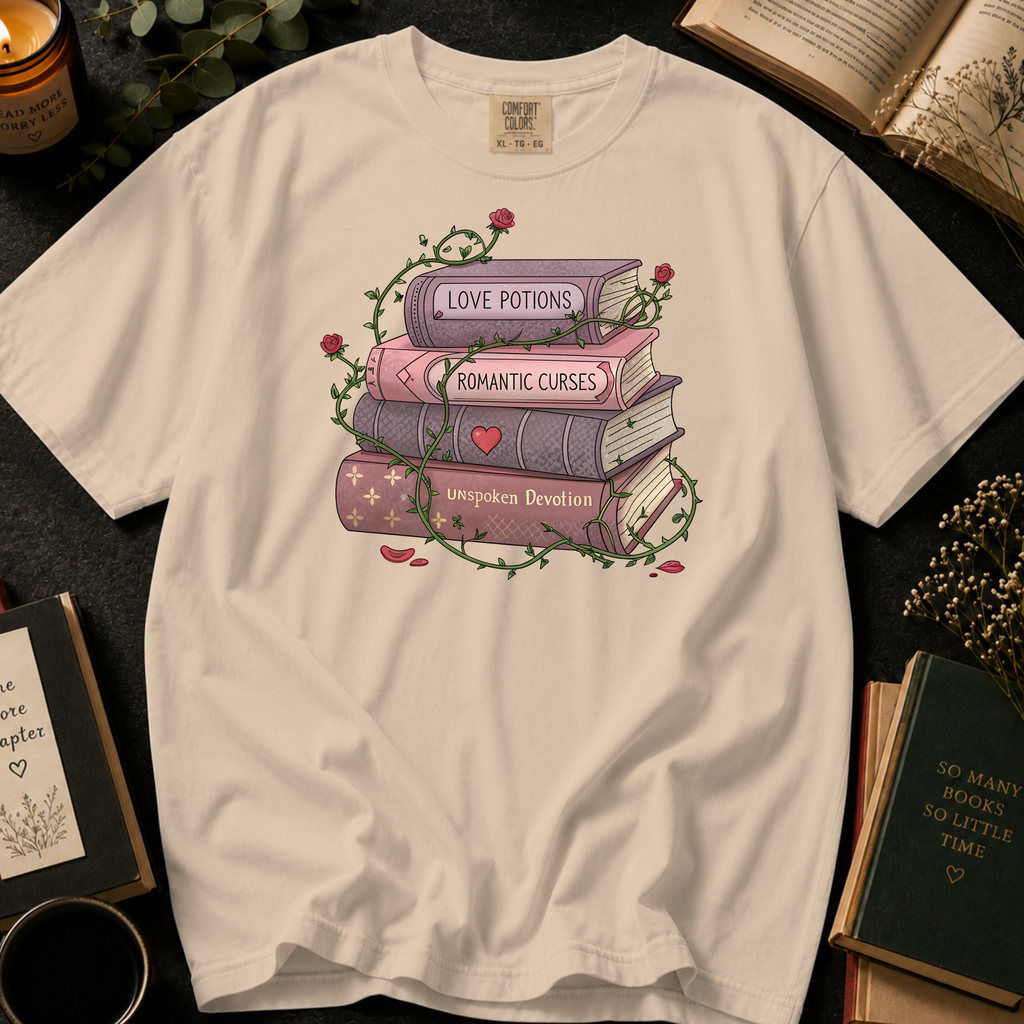 Love Potions and Romantic Curses T-Shirt: Rose Wrapped Book Stack in Ivory - Comfort Colors® T-Shirt