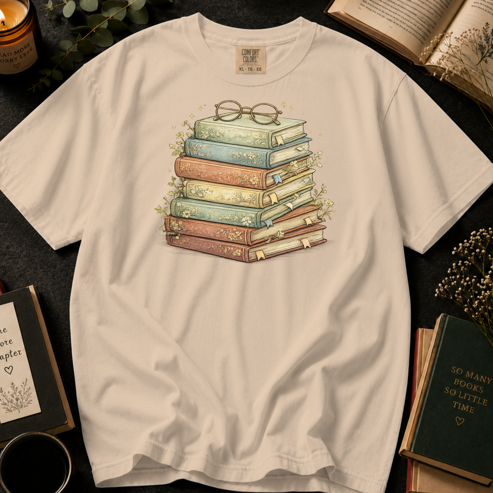 Vintage Stack of Books T-Shirt: Reading Glasses in Ivory - Comfort Colors® T-Shirt