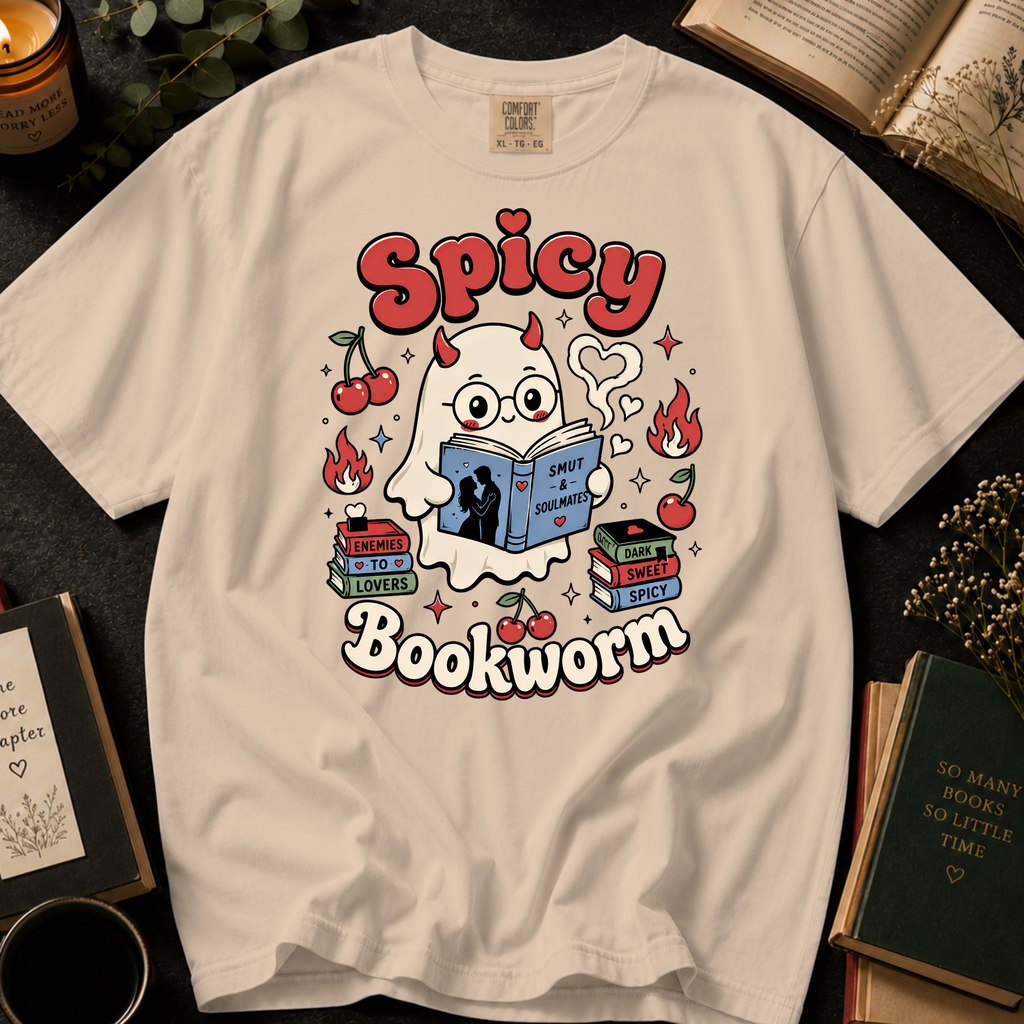 Spicy Bookworm T-Shirt: Cute Devil Ghost Reading in Ivory - Comfort Colors® T-Shirt