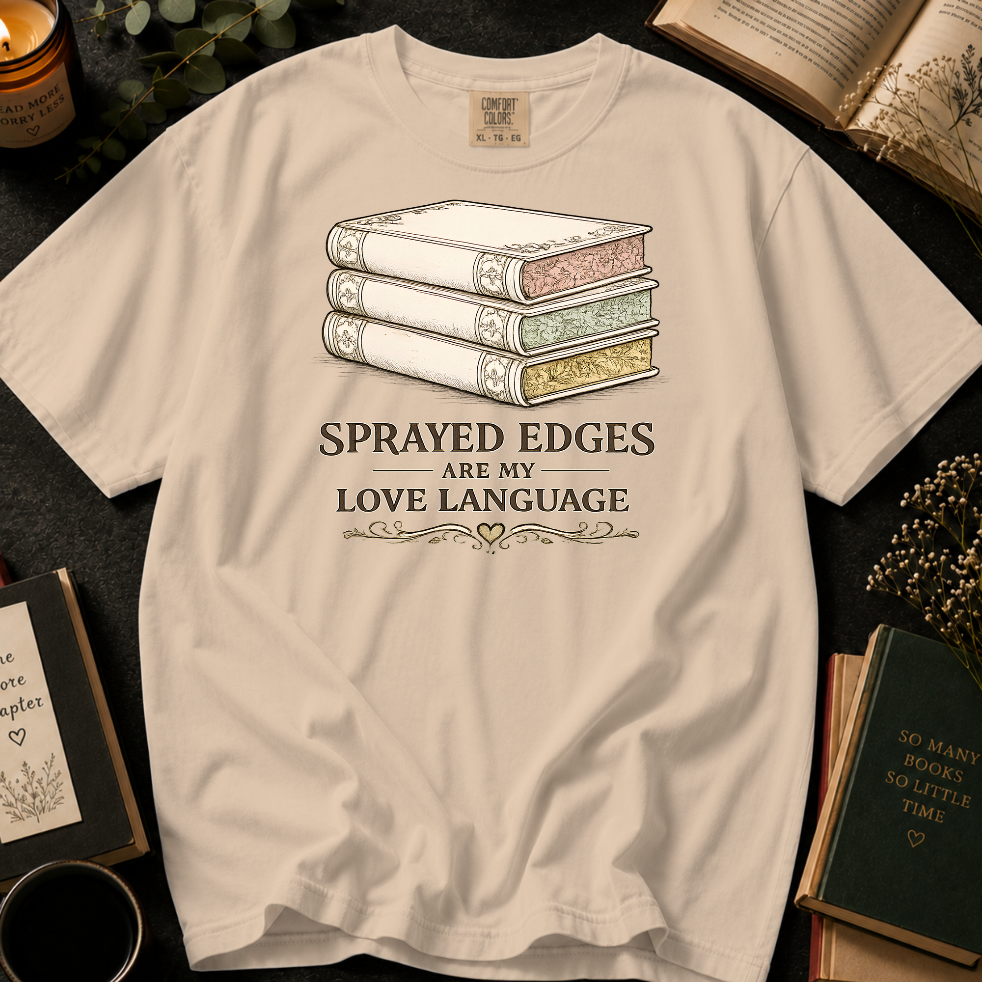 Sprayed Edges Are My Love Language T-Shirt: Vintage Book Stack in Ivory - Comfort Colors® T-Shirt